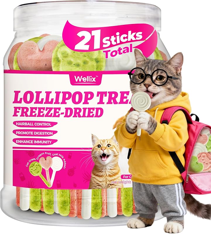 Petisco liofilizado em formato de pirulito para cães e gatos Wellix, 3 sabores, pacote com 21 unidades