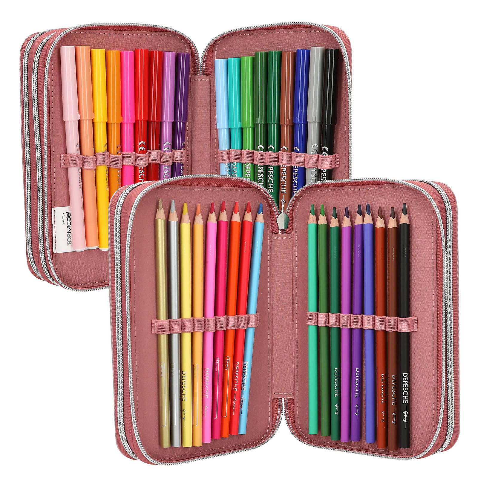 Depesche 14007 TOPModel Dots - Trousse à Crayons Rose à 3 Compartiments, avec Motif TOPModel, Motif à Pois et Paillettes, Trousse Contenant des Crayons de Couleur, des Ciseaux