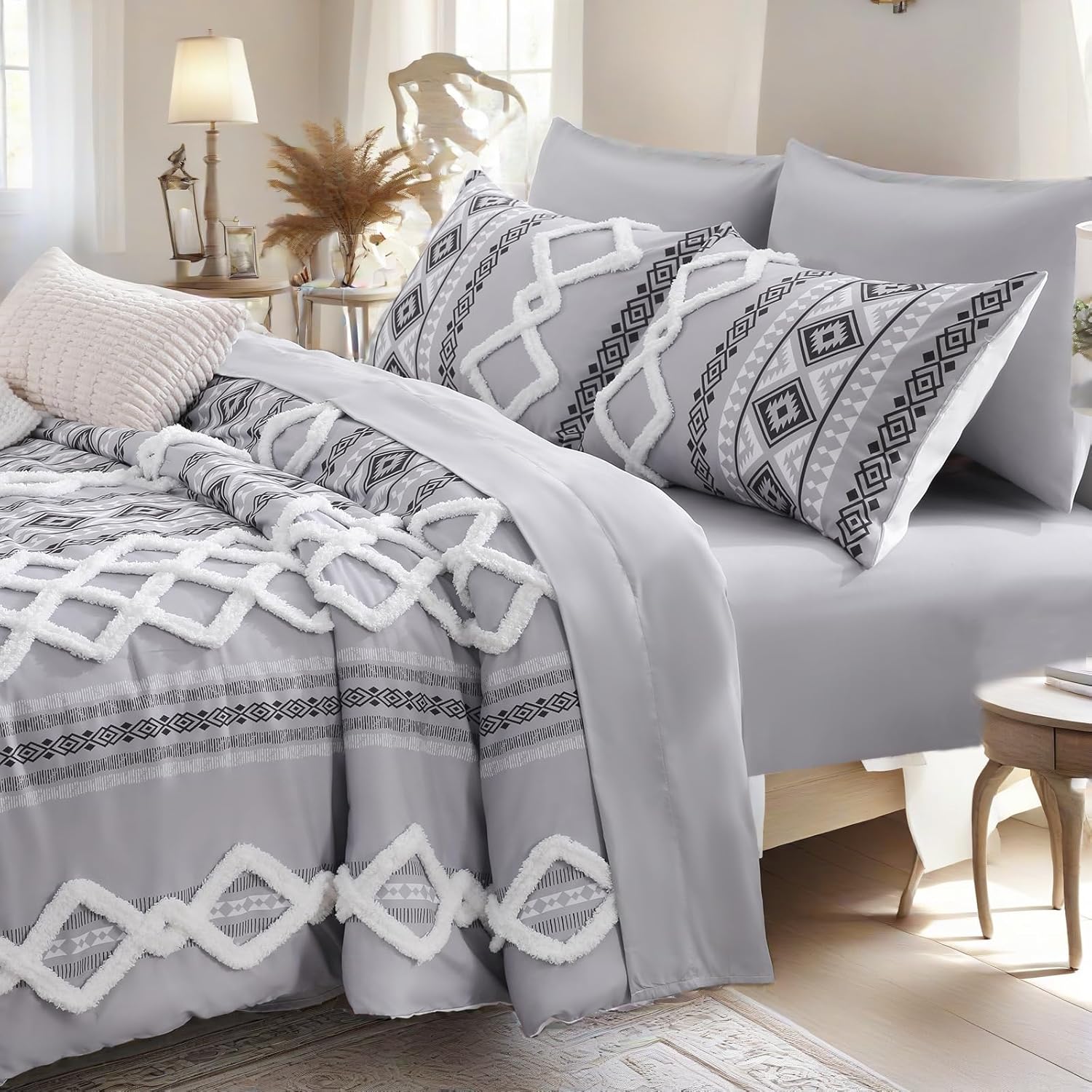 MOVE OVER Gray Tufted Comforter Set Queen Size 5 Pieces Bohemian Style Geometric Tufted Bedding Set Farmhouse Boho Aztec Comforter Set with 2 Decor Pillow Covers for Room Decor - Image 7