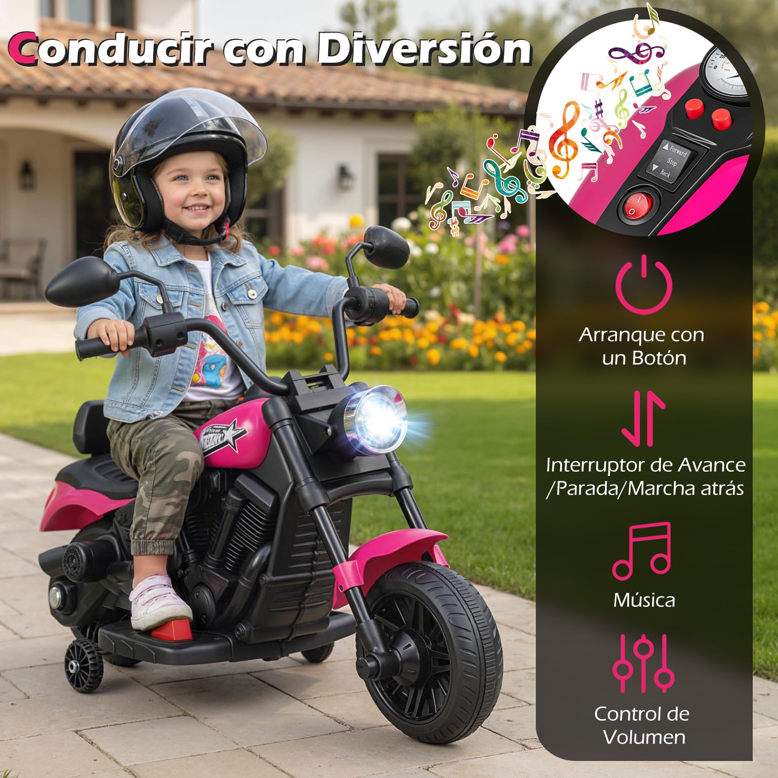 COSTWAY Moto Eléctrica para Niños, 6V Motocicleta de Batería con Faro LED, Música, 2 Ruedas de Entrenamiento, Pedales y 2 Espejos Retrovisores, Moto Infantil para Niños de 18+ Meses (Rosa)