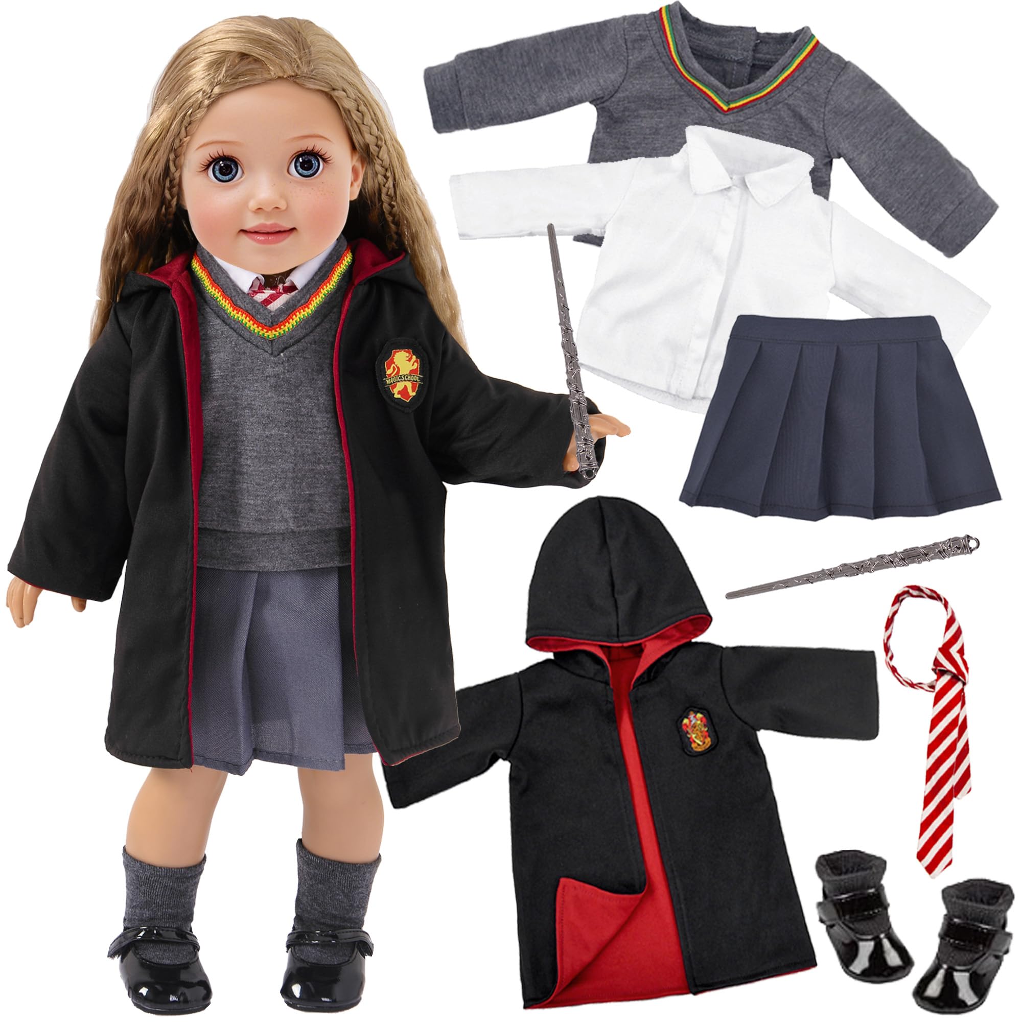 ebuddy Magic School Uniform Inspired Doll Clothes for American Girl Dolls and 18" Dolls: 8pc Sets (Includes Shirt, Skirt, Sweater, Tie, Socks, Robe, Magic Wind and Shoes)