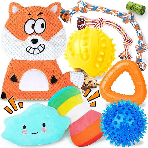 Zeaxuie Paquete de 9 juguetes para cachorros para dentición, juguetes masticables para cachorros con bonitos juguetes chirriantes para perros,