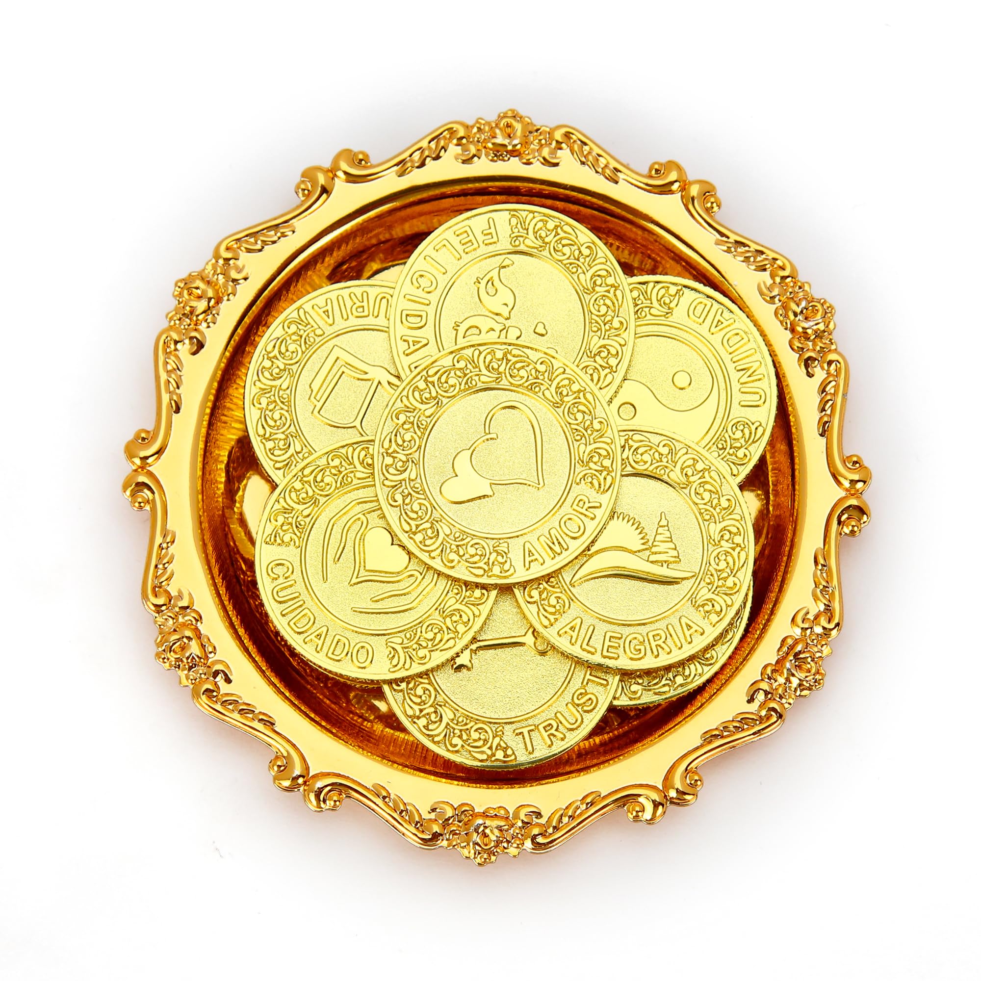 TINGKU Español Arras de Boda con Plato, Las Arras para Boda de Matrimonio, Regalos de Boda, Arras de Boda Ceremonia Novios, Monedas de Unidad, Ceremonia de Boda - Oro