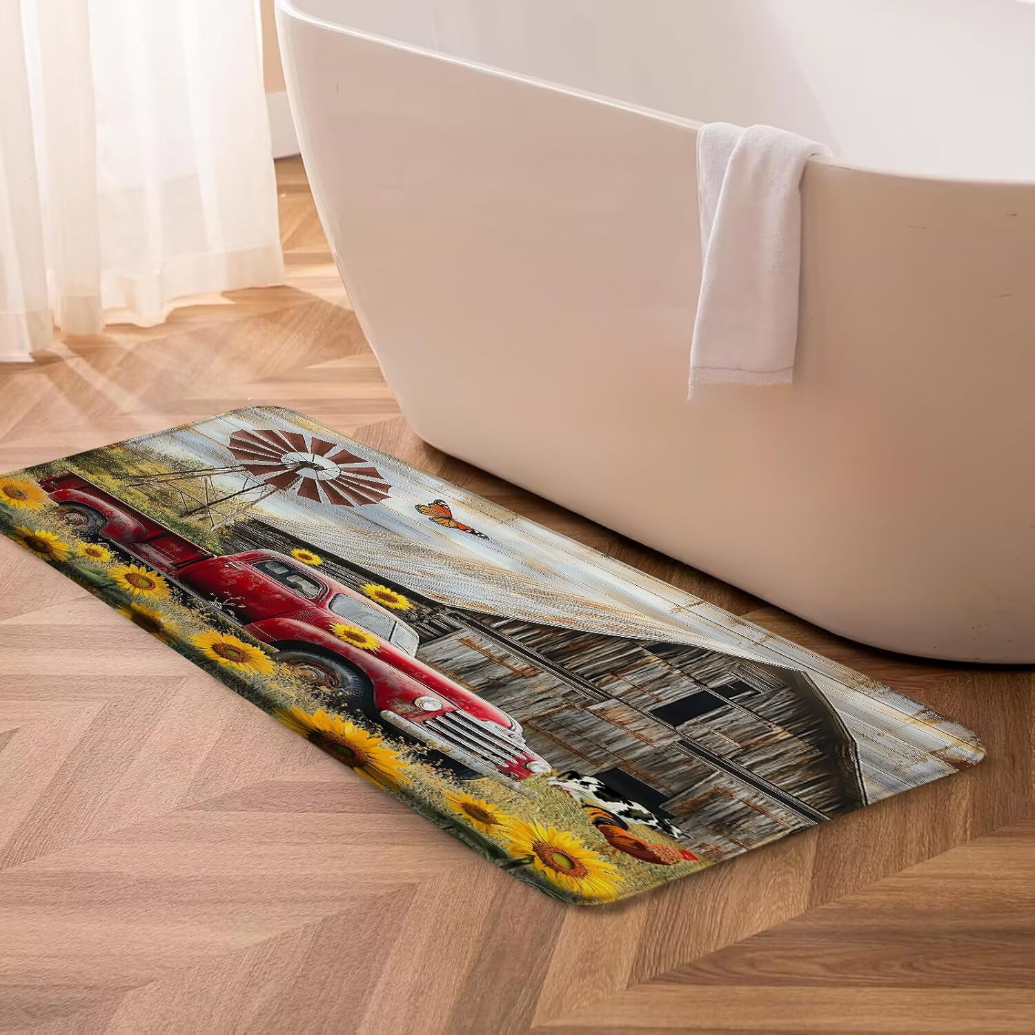 Rustic Farmhouse Bath Mat Retro Red Truck Farm Barn Windmill Sunflower Vintage Country Nature Scenery Memory Foam Home Office Door Bathroom Decor Mat,24"x60"