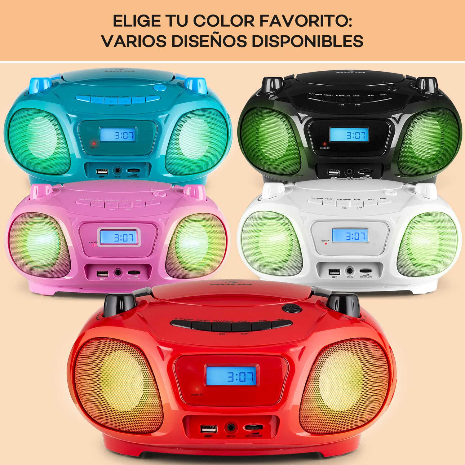 Auna Portatile Bluetooth con Lettore CD, Boombox 3W, Radio FM Stereo, AUX, Display a LED, USB, Bluetooth 5.0, MP3, Ricaricabile Vintage