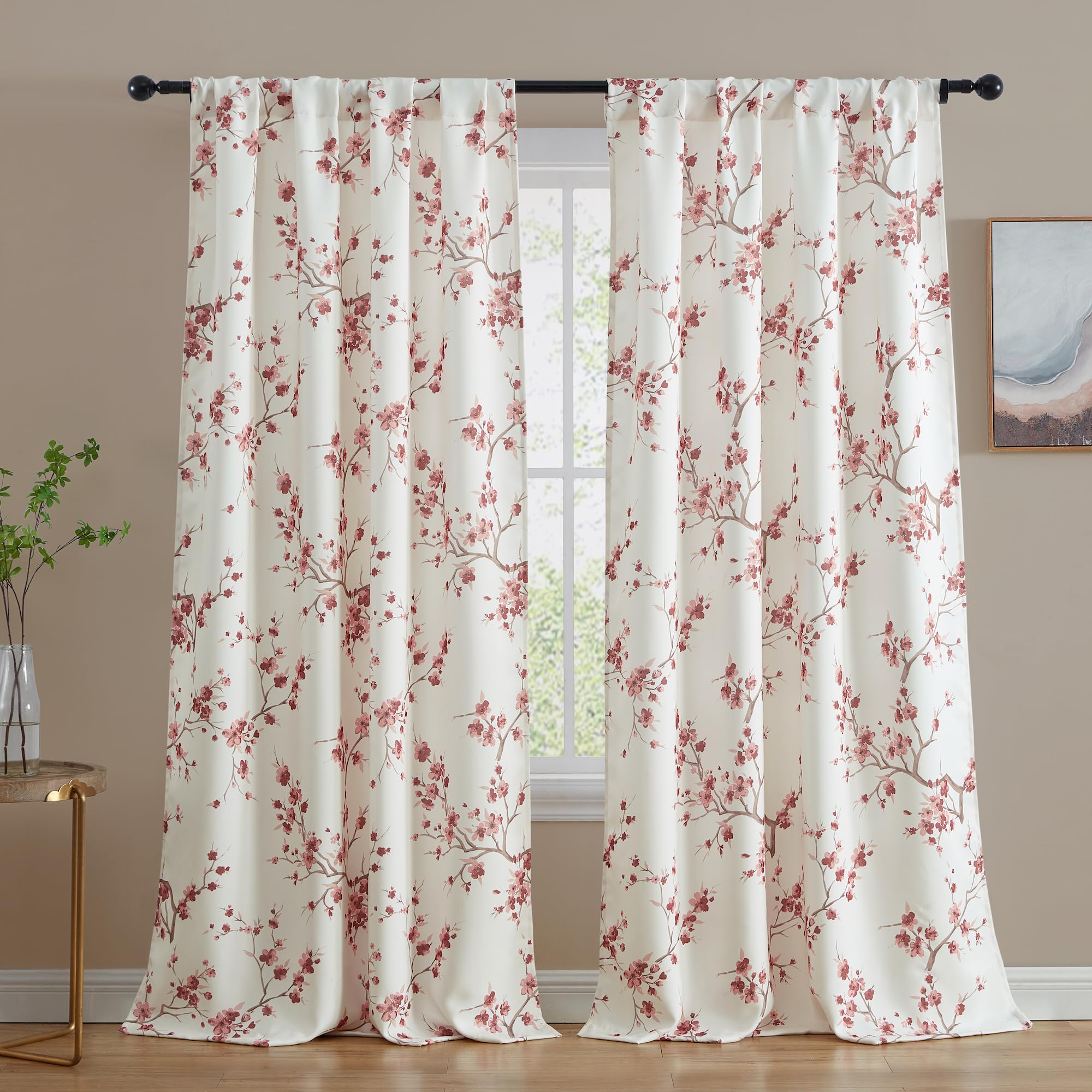 HLC.ME Jasmine Floral Patterned Window Rod Pocket Short Curtains for Bedroom - Light Blocking Darkening Window Panels, Set of 2 (Burgundy, 52 W x 72 L)