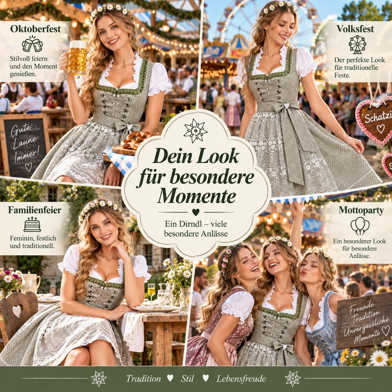 Generisch Dirndl Damen Oktoberfest Damen Outfit Midi Dirndlkleid Trachtenkleid Oktoberfest Dirndl Kleidung Trachtenmode Kleid Schlicht Tracht Dirndlkleid Schürze Spitze Kleid Knielang Dirndlschürze