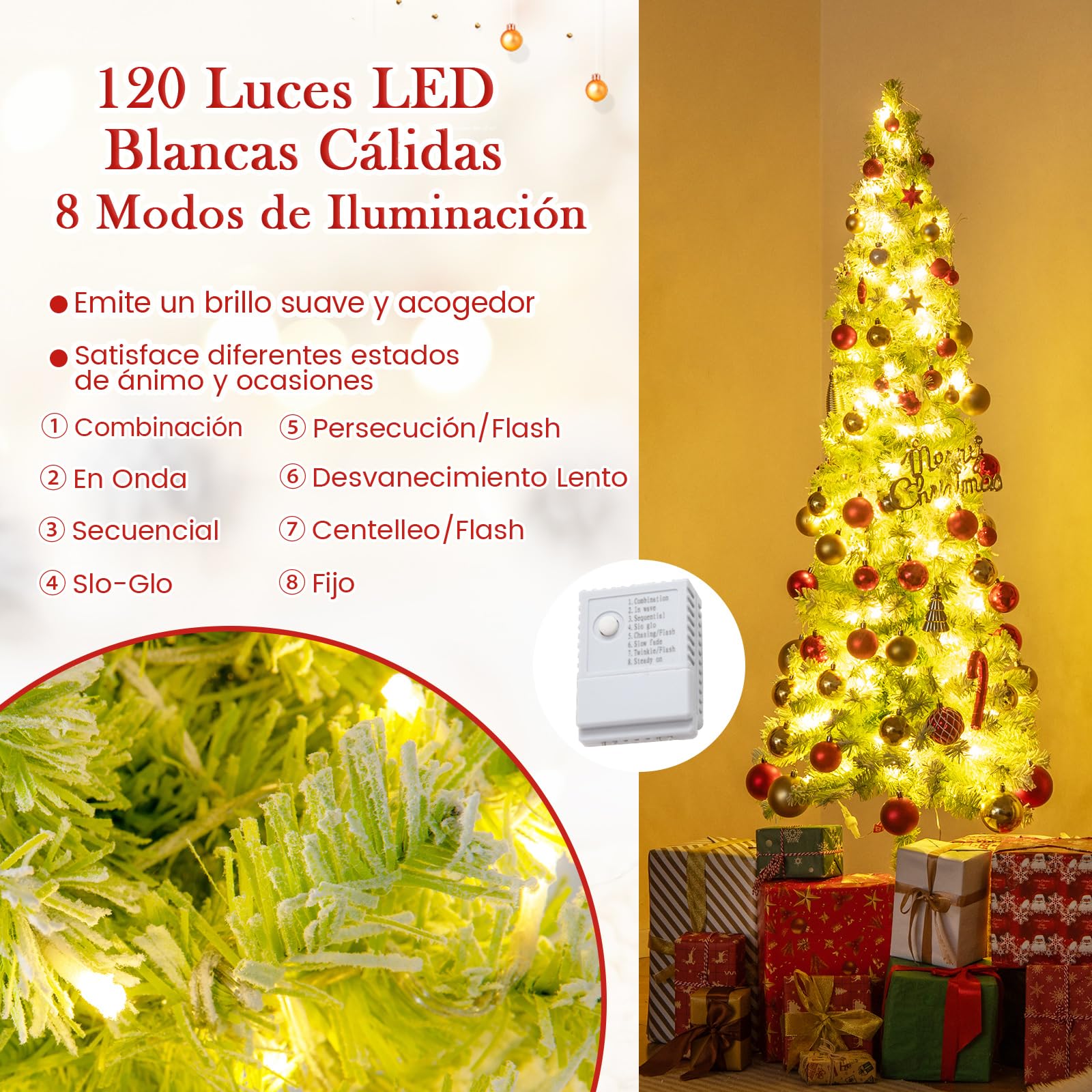 COSTWAY Árbol de Navidad Nevado con Luces 180cm, Cima Flexible, Arbol de Navidad Estrecho con Luces Incorporadas, 8 Modos con 120 LED Blancas Cálidas, 290 Puntas de Ramas (180 cm)