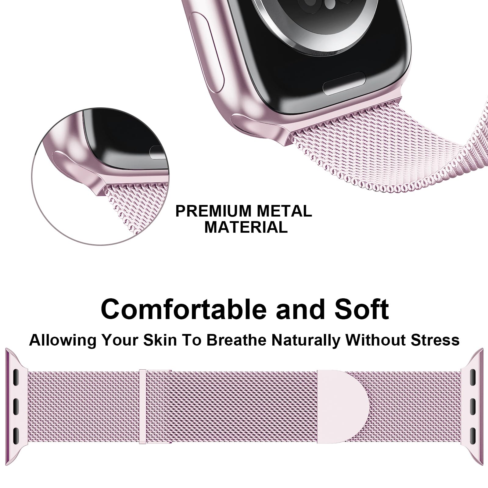 Higgs Cinturini Compatibile con Cinturino Apple Watch 44mm 45mm 42mm per Donna e Uomo, Cinturino Magnetiche Regolabili Doppie per iWatch Series SE(Second) 9 8 7 6 5 4 3 2 1, Liscio Maglia Milanese