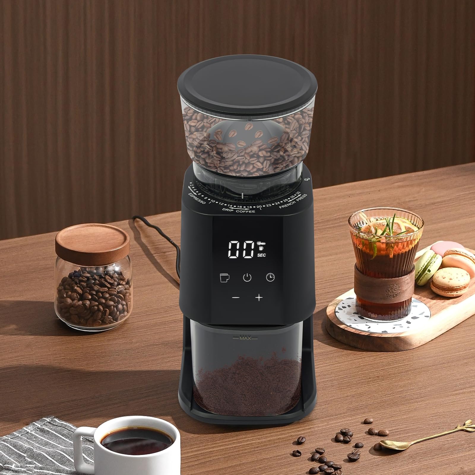 Młynek do kawy, 30 stopni równomiernego mielenia, regulowany młynek do kawy, elektryczny mechanizm stożkowy, antystatyczny, ekran dotykowy LCD, do espresso/French Press