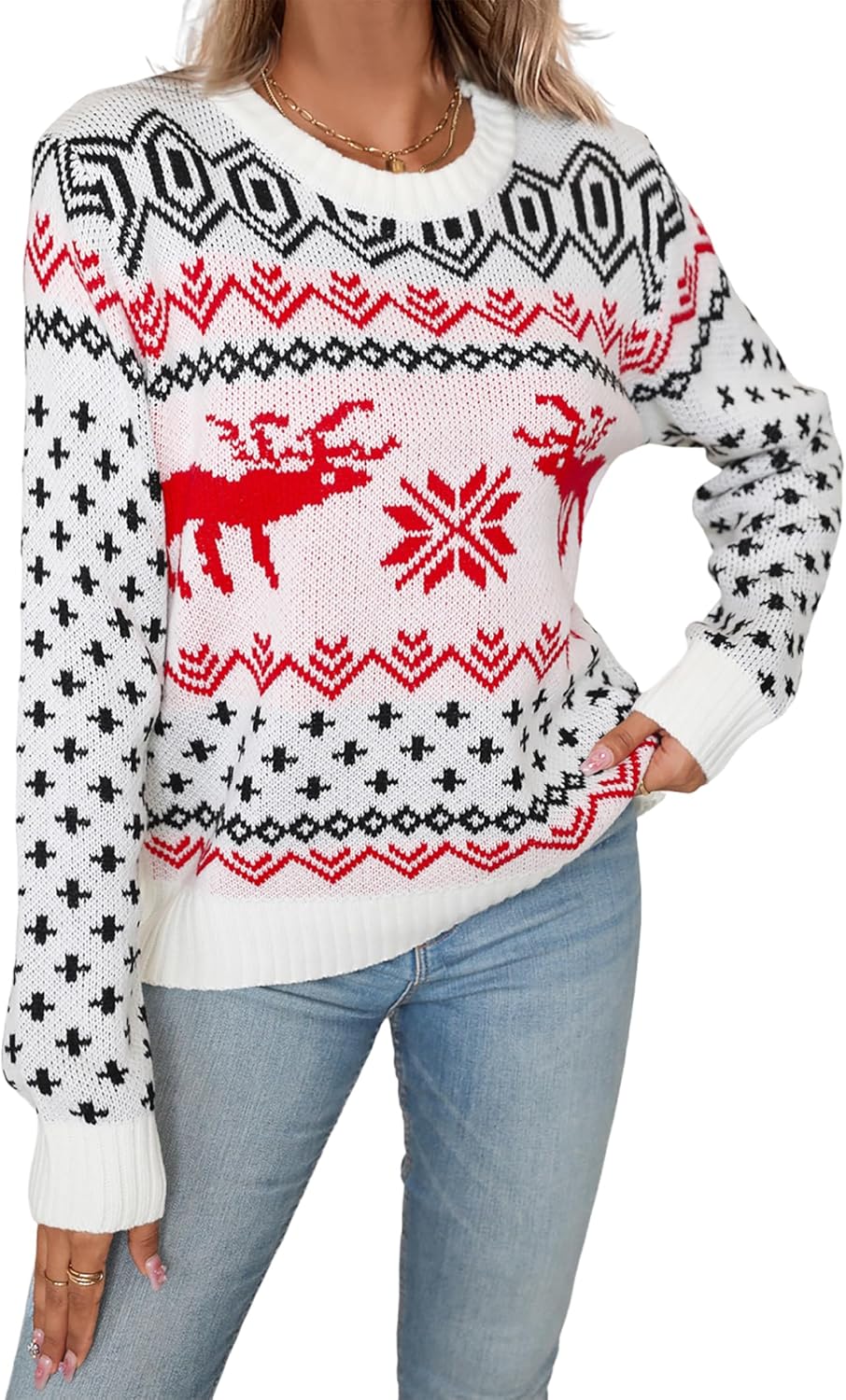 Womens Ugly Christmas Reindeer Snowflake Sweater Winter 2025 Crew Neck Knit Long Sleeve Pullover Sweaters