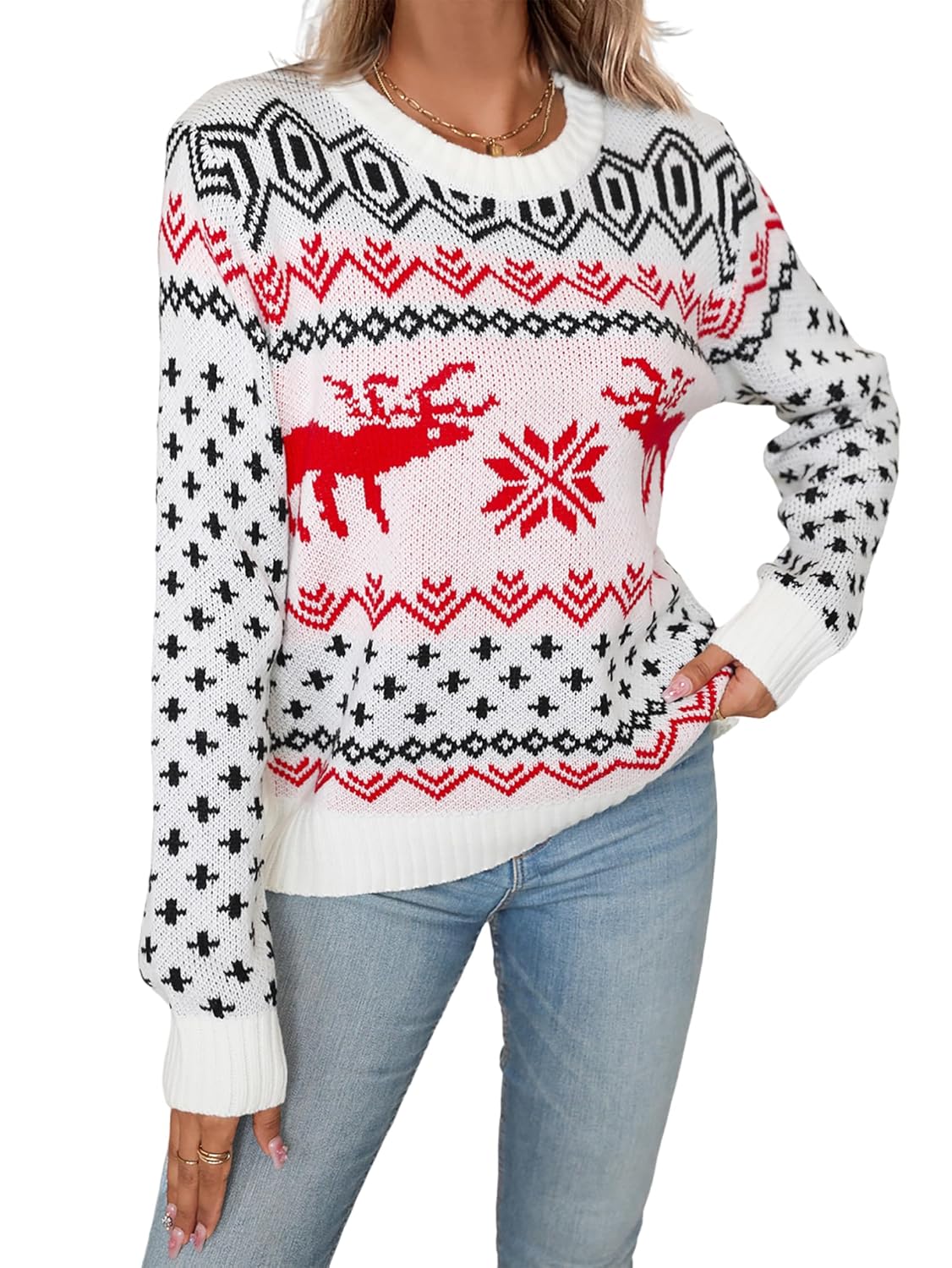 Womens Ugly Christmas Reindeer Snowflake Sweater Winter 2025 Crew Neck Knit Long Sleeve Pullover Sweaters