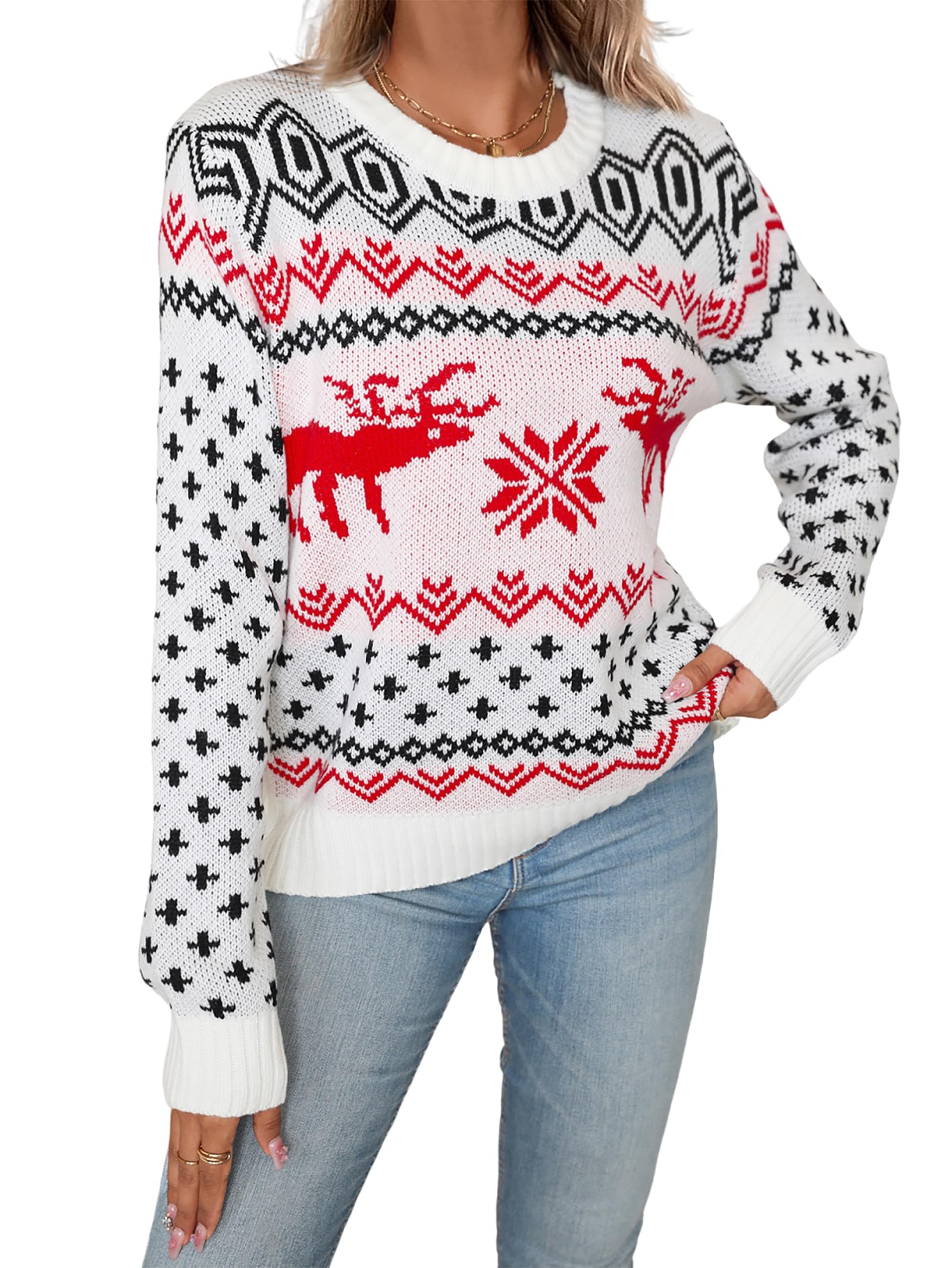 Womens Ugly Christmas Reindeer Snowflake Sweater Winter 2025 Crew Neck Knit Long Sleeve Pullover Sweaters