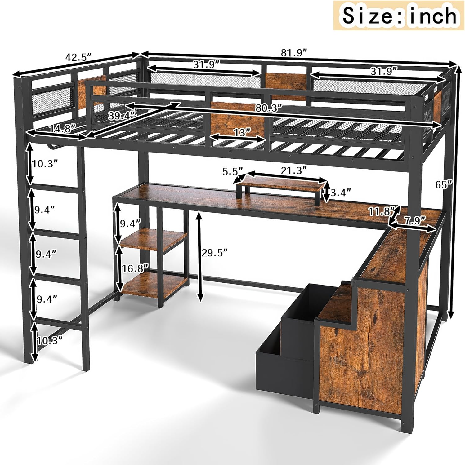 Bellemave Twin XL Loft Bed with L-Shaped Desk and Storage Drawers, Twin XL Loft Bed Frame with Computer Monitor Stand, Corner Shelf and Hanger Rod, Adults Loft Beds, Black