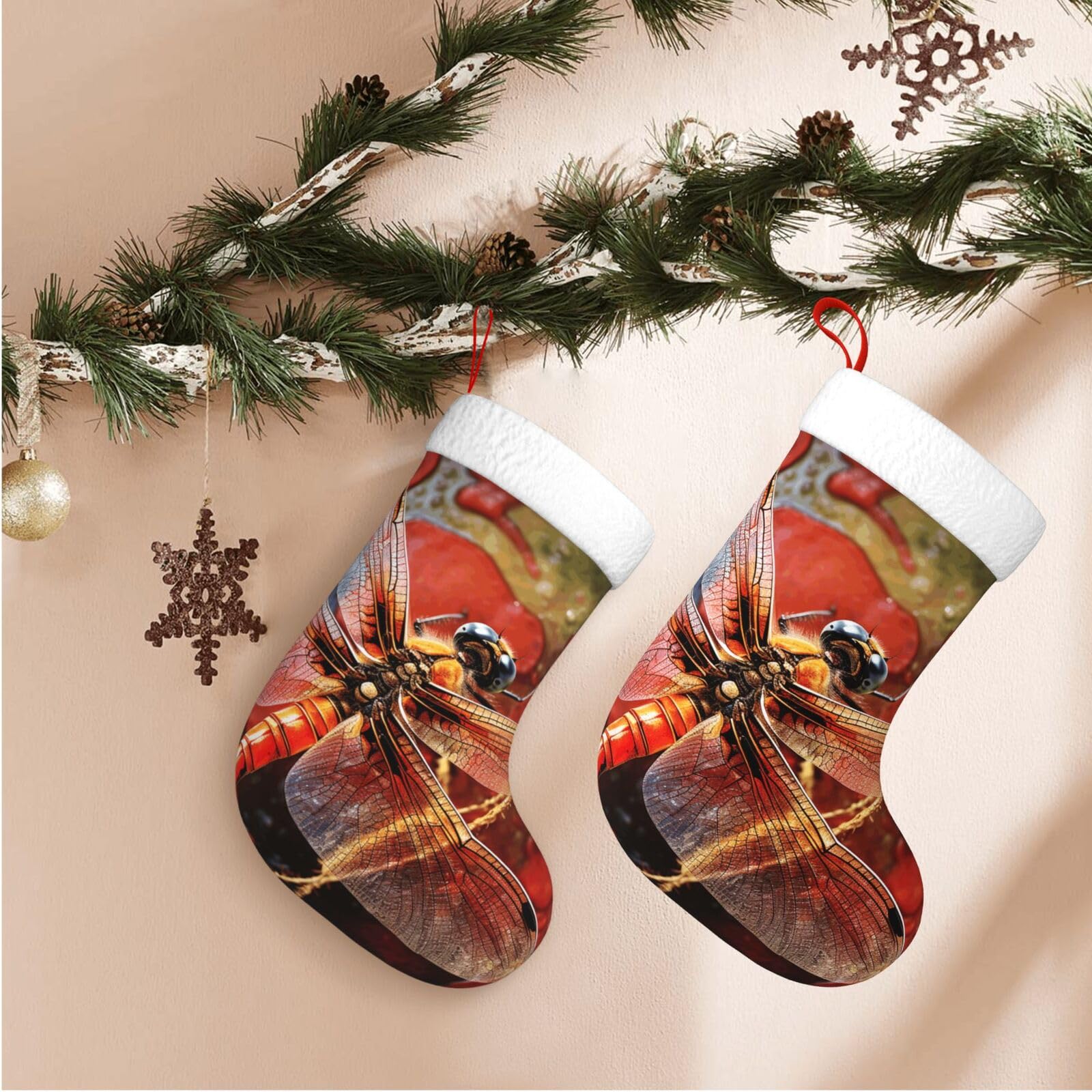 17.7" Christmas Stocking 1 Piece, Red Dragonfly Xmas Stockings with White Plush Cuff Fireplace Hanging Stocking for Christmas Holiday Party Decoration