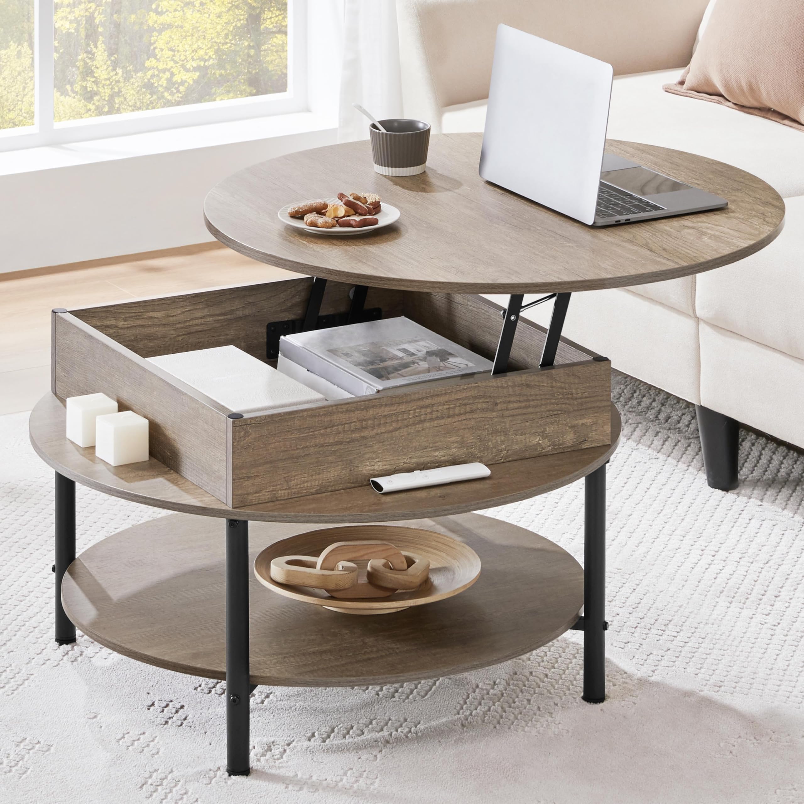 Yaheetech gray round lift-top coffee table with hidden compartment and storage shelf