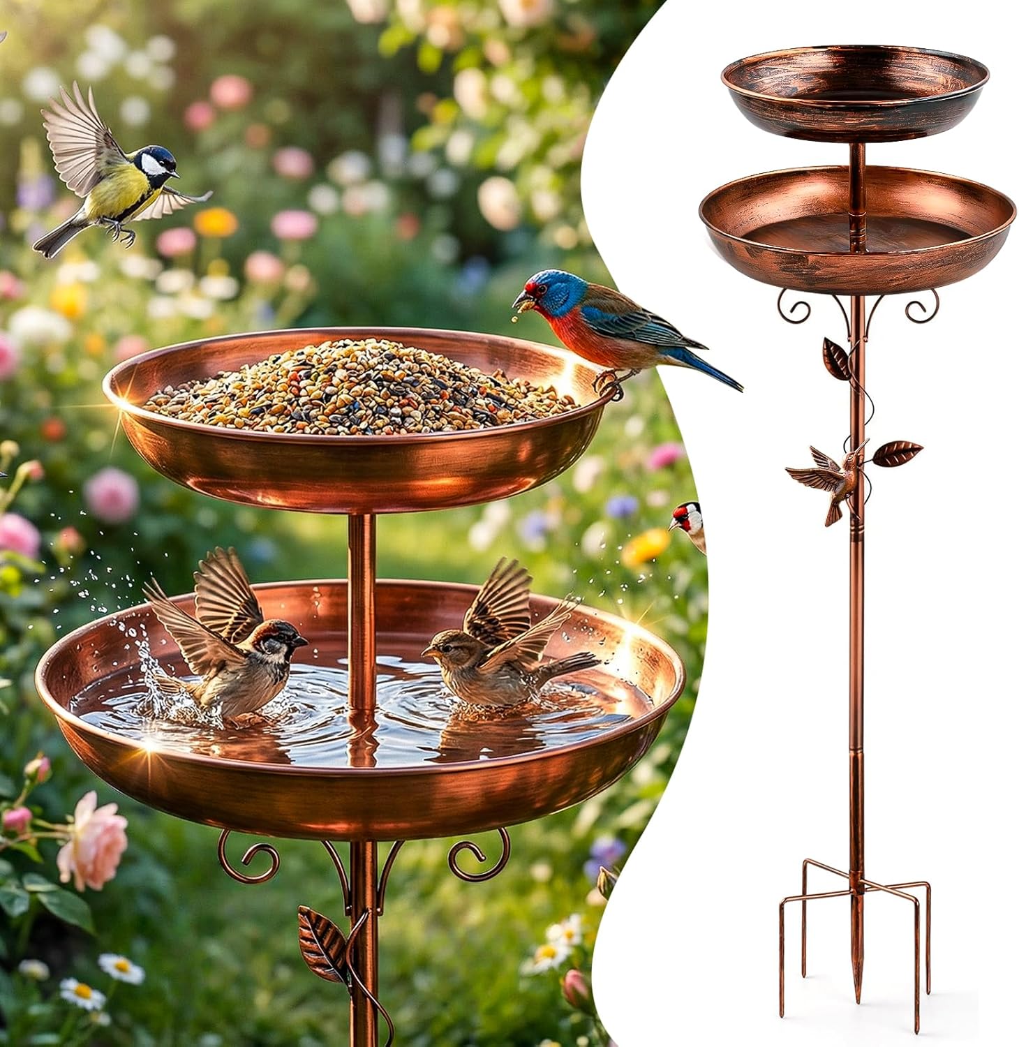 Metal Bird Bath for Outside, 47'' Adjustable Standing Bird Feeder for Outdoors, 2 in 1 Metal Birdbaths & Birdfeeder, Vintage Bird Bath Feeder Bowl, Bird Baths Water Bowl with Stable 5-Pronged Base