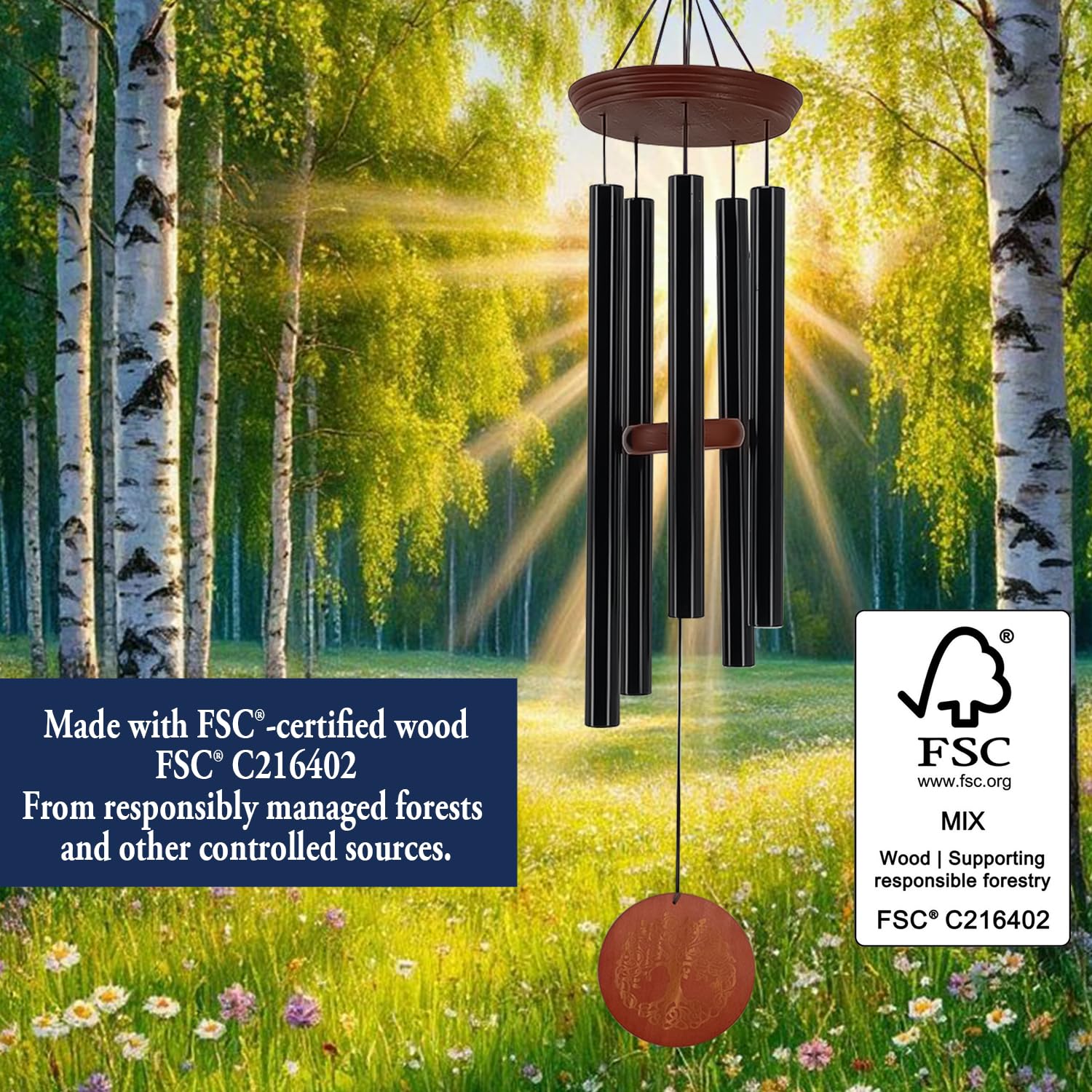 Windspiel, für den Außenbereich, tiefer Ton, 91.4 cm, großes Gedenk-Windspiel für den Verlust eines geliebten Menschen, Gravur, Baum des Lebens, Geschenk für Mutter, Garten, Hängedekoration, Schwarz