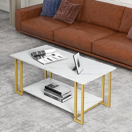 Miniatura 3 de Mesa de centro de mármol blanco con patas de metal dorado, mesa auxiliar rectangular de 2 niveles para sala de estar (patas de metal dorado)