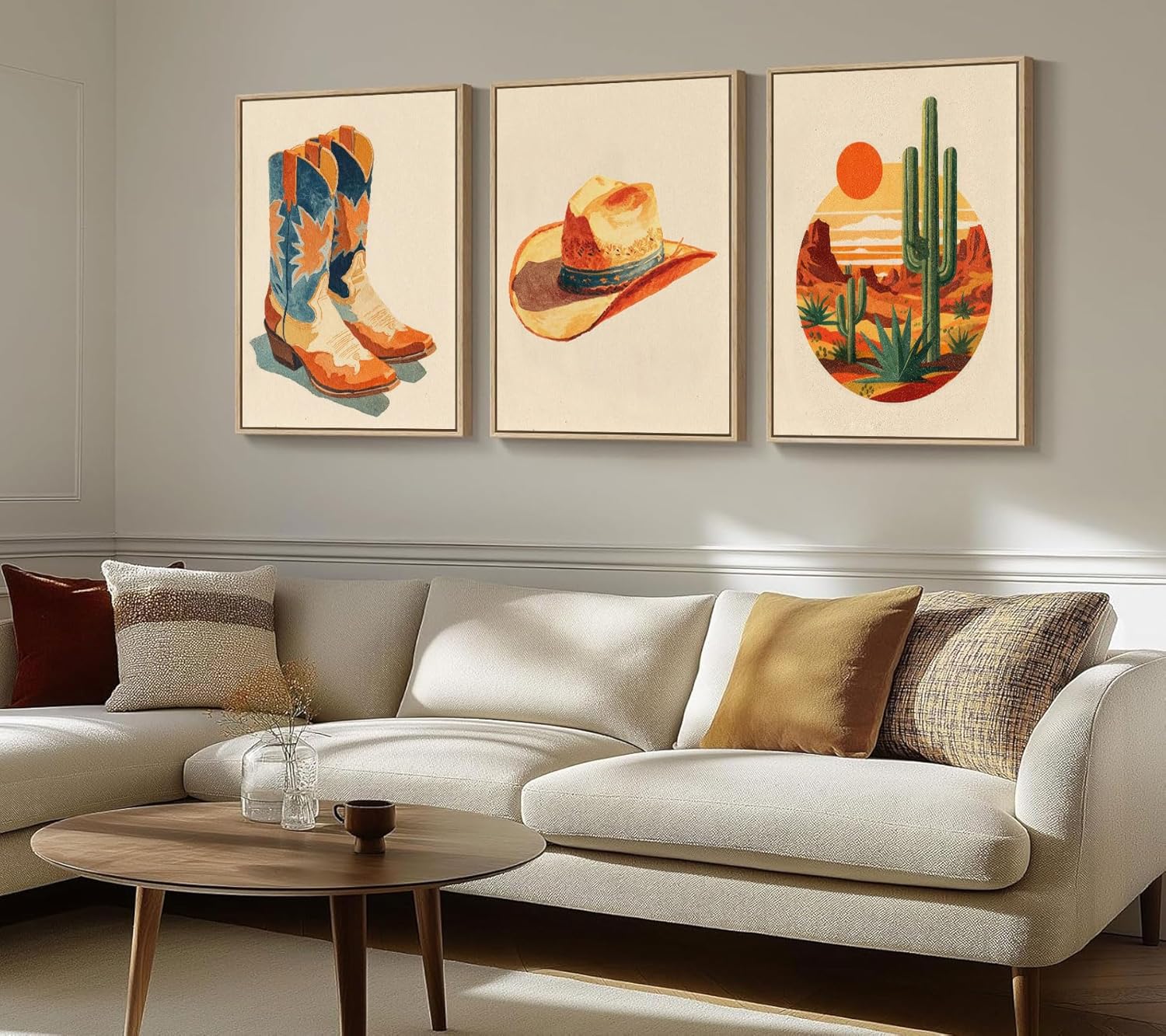 3Pcs Western Cowboy Canvas Wall Art Vintage Country Style Posters Artwork Rustic Cowboy Hat Cactus Boots Painting Pictures Wall Decor for Bedroom Living Room Bar Dorm Home Decoration 16x24in Unframed