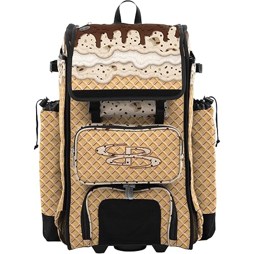 Boombah Catchers Superpack Hybrid Rolling Bat Bag - Wheeled & Backpack Version - Ice Cream Cookie Dough Gold/Brown/Flesh