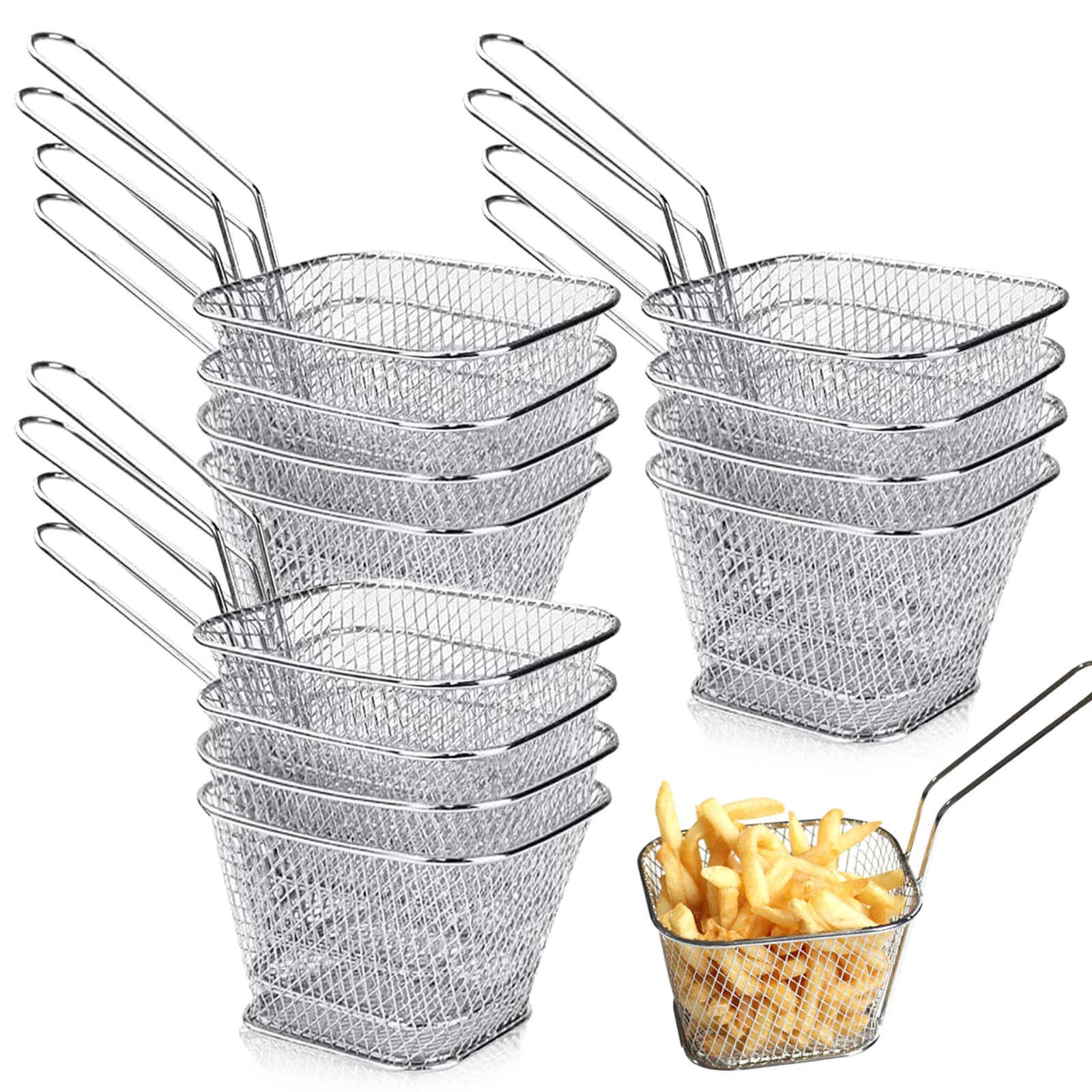 12 cestini per patatine fritte, in acciaio inox, piccoli cestini da portata con manico, mini cestini per patatine fritte, gamberetti, anelli di cipolla e snack