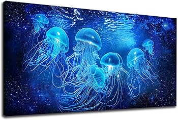 Amazon.co.jp: NINEASO 青いクラゲ キャンバスウォールアート - 海洋