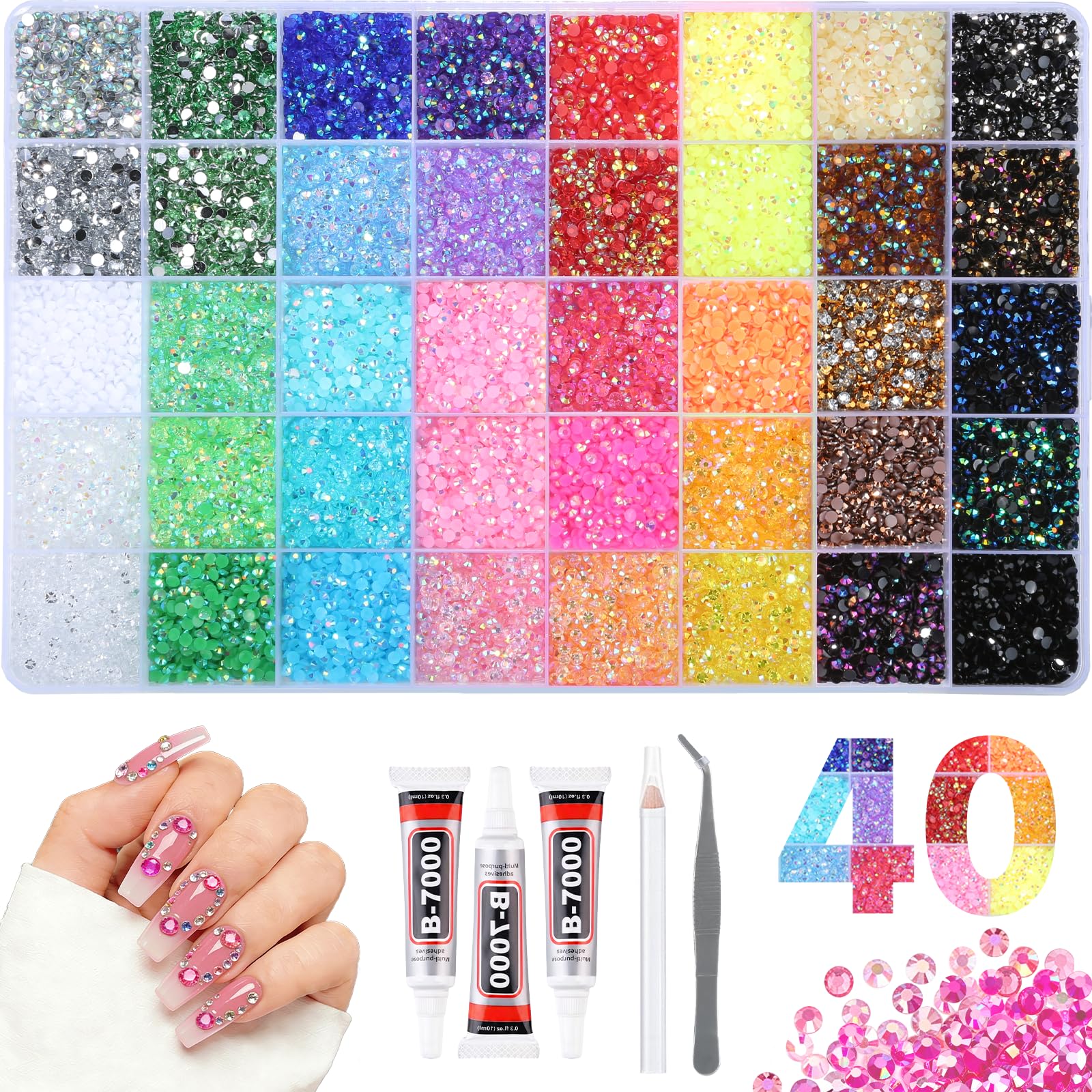 Photo 1 of [STONES MIXED UP] 4mm Resin Rhinestones 40000Pcs, Bedazzling Kit with B7000 Glue, Tweezers & Pickup Pen, 40 Colors for Nail Art, DIY Crafts, Clothes, Shoes, Art Painting & Decorations (40 Colors 4mm + 3 Glue)