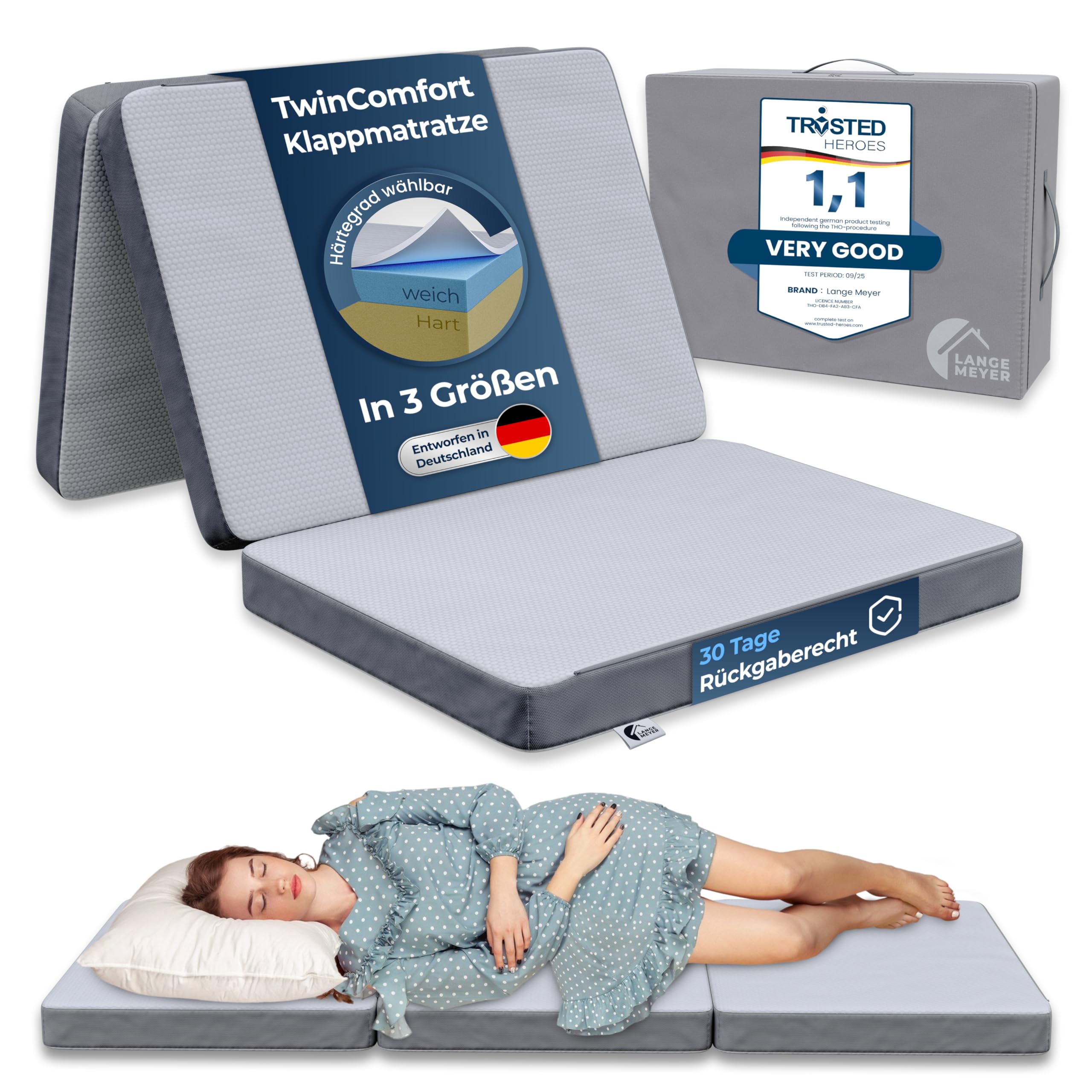 TwinComfort Klappmatratze 2 Härtegrade, 3-teilig faltbar mit Tragetasche, Gästebett & Faltmatratze für Erwachsene, Folding Mattress 90x200x12 cm