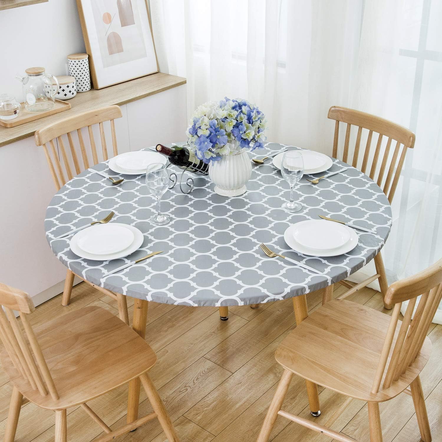 GRISHA Waterproof Round Tablecloth,Elastic Edged Fitted,Oilcloth,PVC,Wipeable,Outdoor circular plastic cover. (Grey Stripe, 65x 85cm) - Image 4