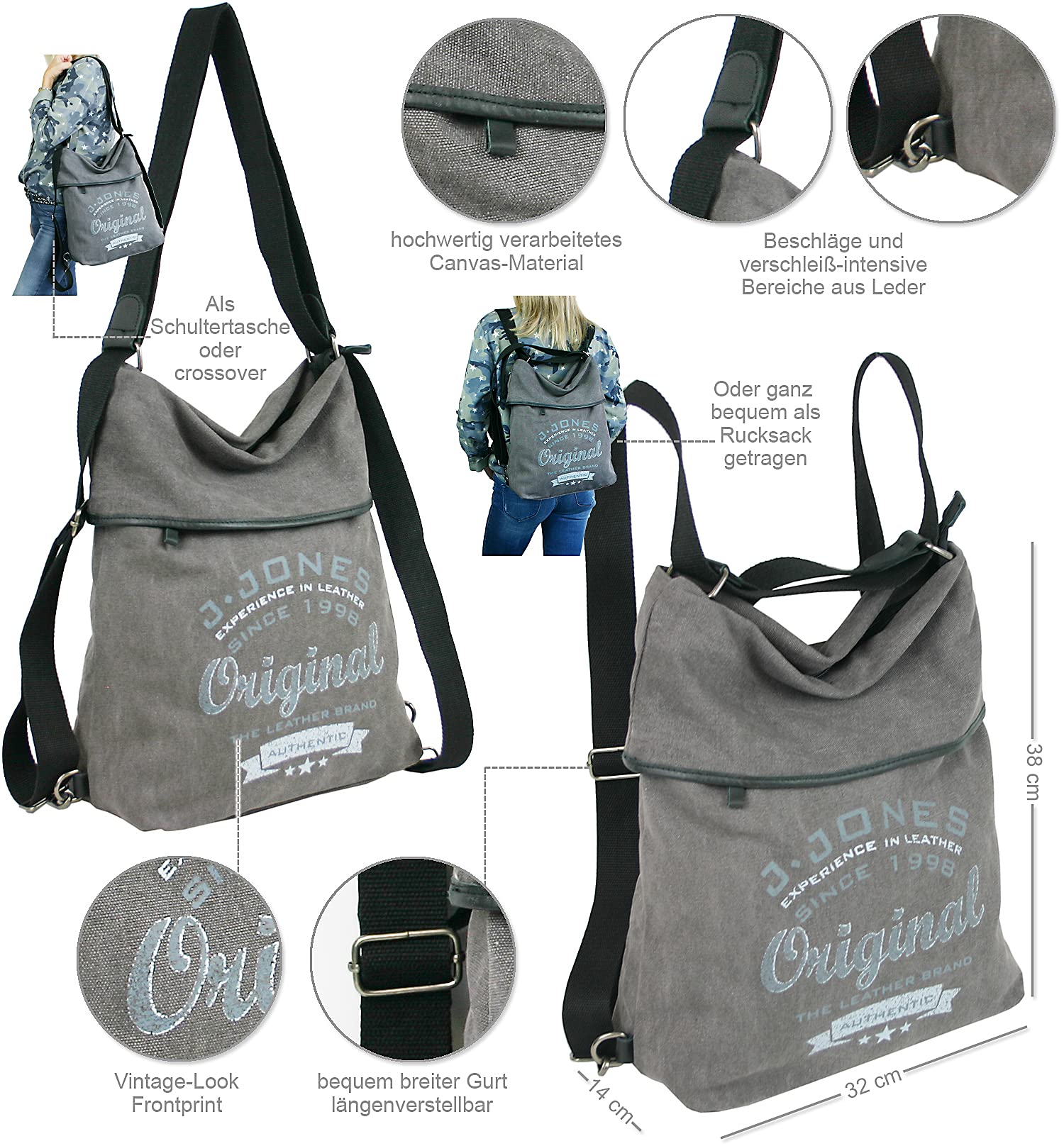 JENNIFER JONES - Große Damen Handtasche aus Canvas - Vintage Look