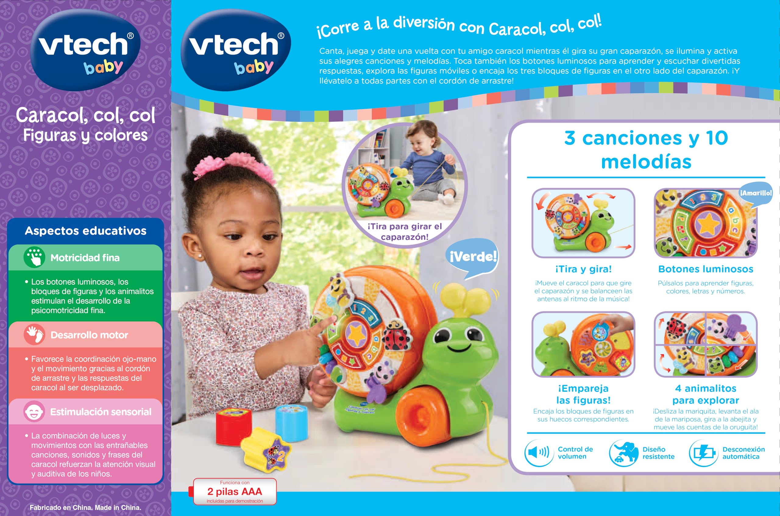 VTech-Baby Caracol Col Col Música y Animales, Juguete de Arrastre, Caracol Interactivo, Juegos para Encajar, Coordinación Ojo-Mano, Regalo niños 1 año, Versión ESP