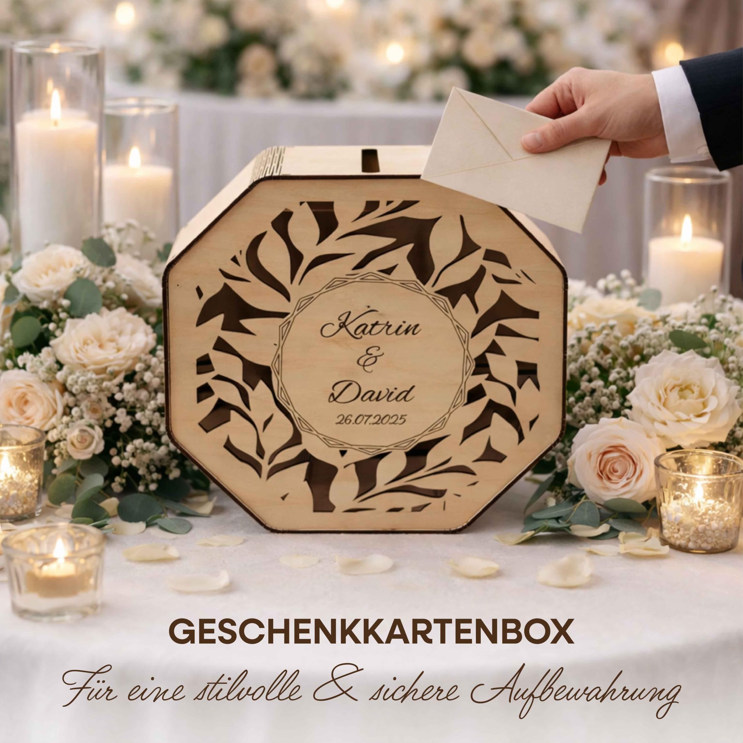 BirdartBox® Kartenbox Hochzeit personalisiert | Hochzeitsbox für Geldgeschenke hochwertig aus Holz, Schatulle mit Gravur Name und Datum