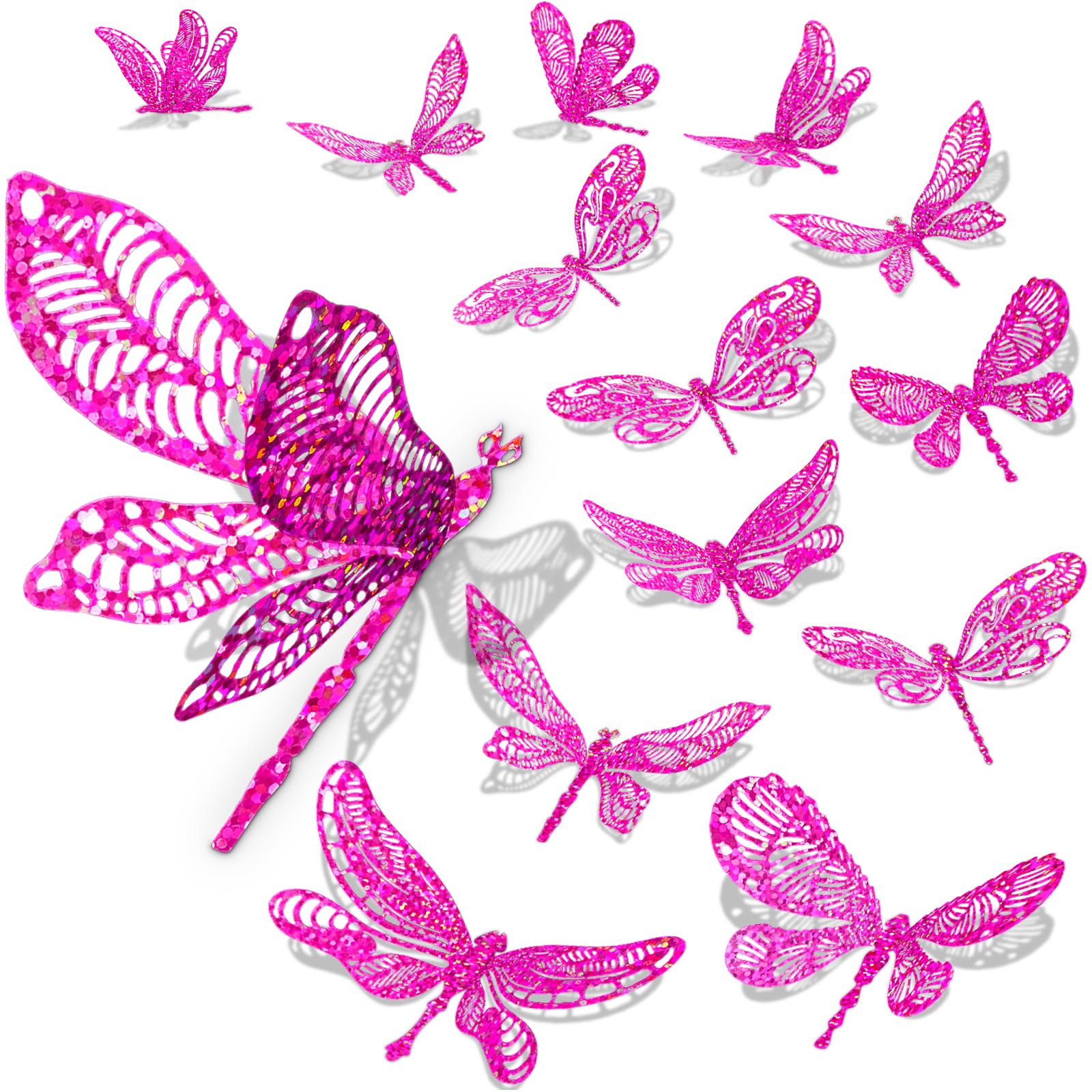 60 Pcs 3D Iridescent Dragonfly Decorations, Rose Red