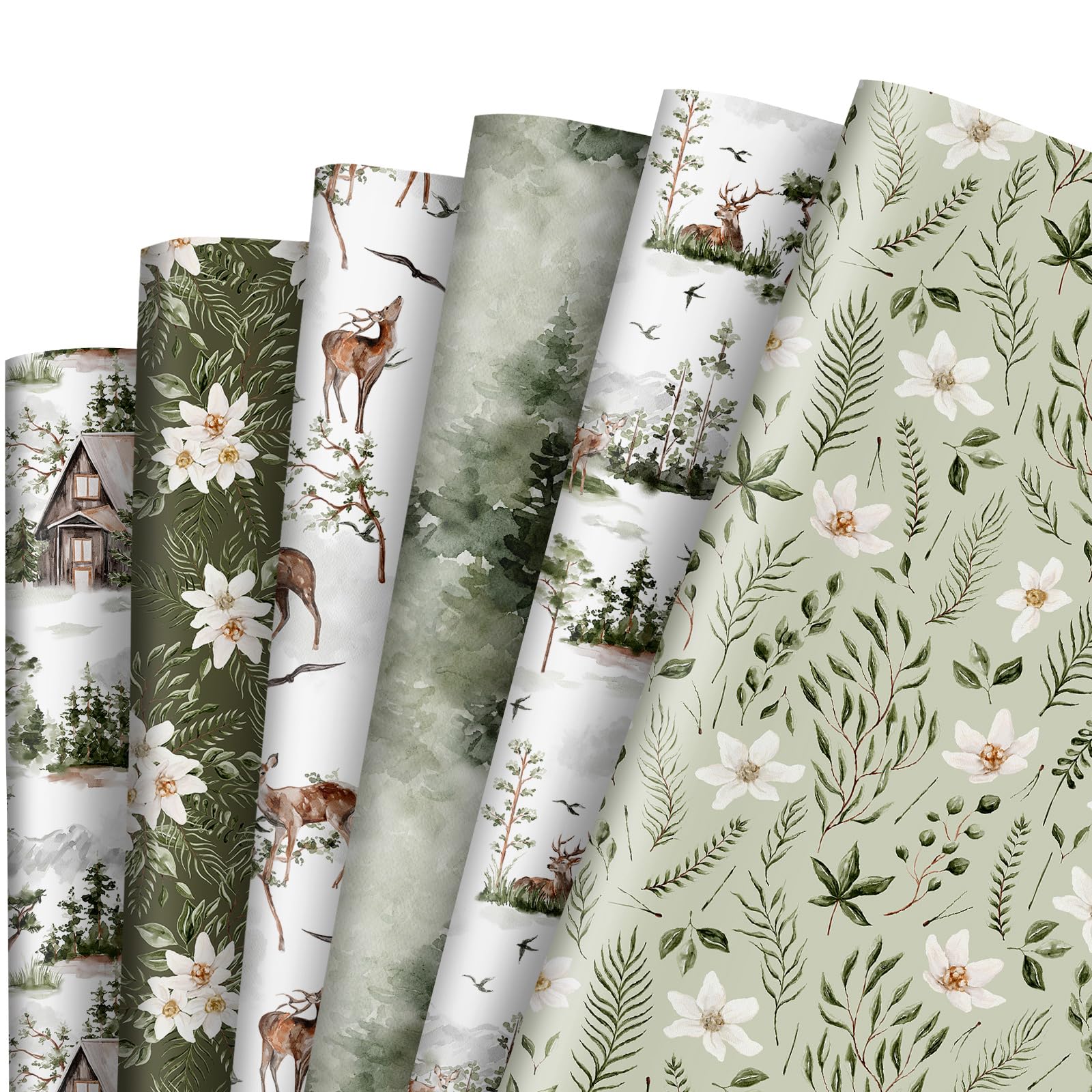 AnyDesign 12 Sheet Greenery Wrapping Paper Forest Reindeer Flower Gift Wrap Paper Bulk Folded Flat Green Art Paper for Christmas Birthday, 19.7 x 27.6 Inch