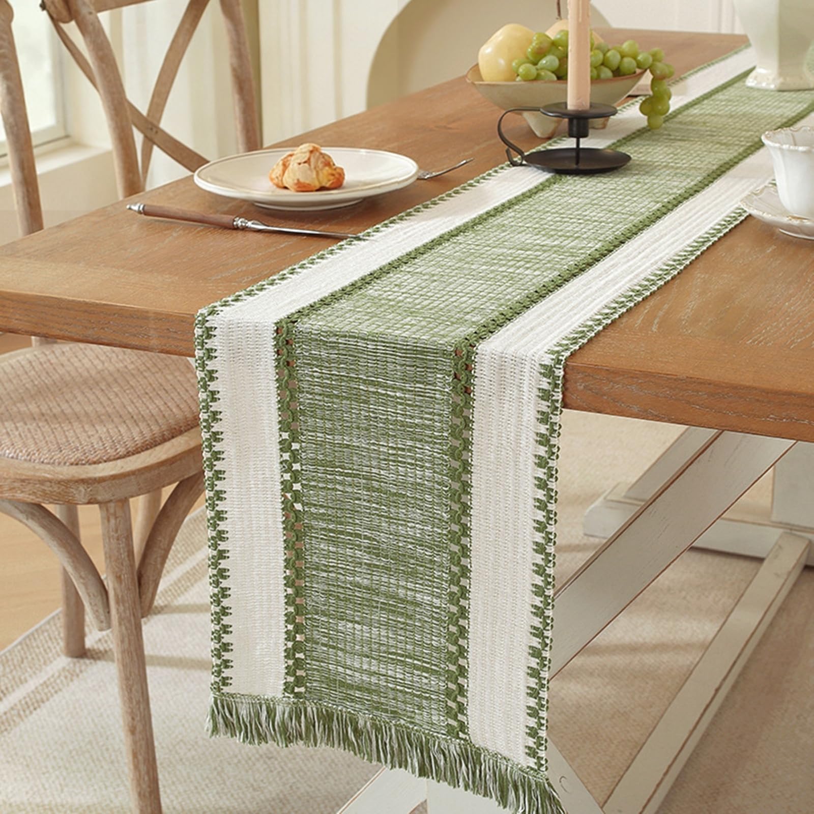 Tischläufer Polyester Modern, Tischläufer Wohnzimmer 30x350 cm, Leinenoptik, Zweifarbig Grün Gewebt mit Quasten