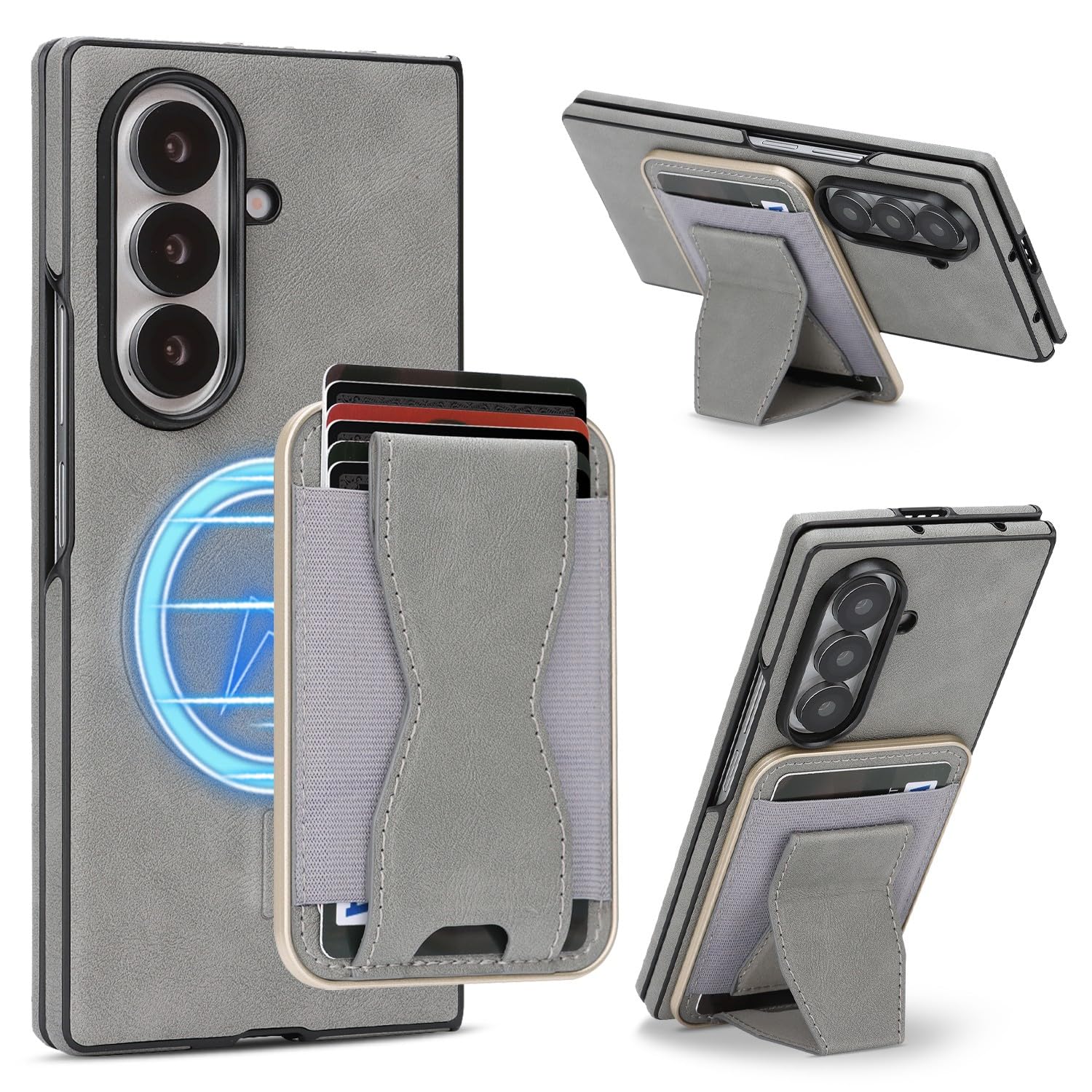 Generic Custodia compatibile con Samsung Galaxy Z Fold 8 Ultra (colore: grigio) cavalletto in pelle magnetica portafoglio rimovibile flip stand custodia