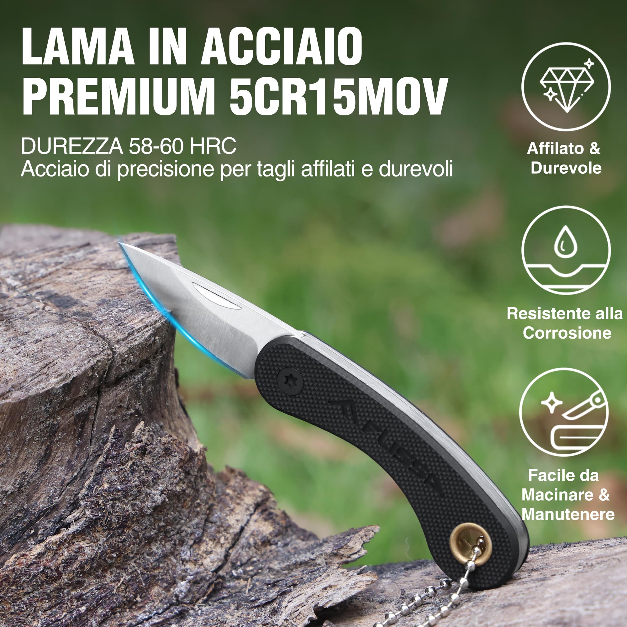 FLISSA Mini Coltello Tascabile, Coltello a Serramanico con Manico in G10,Lama in Acciaio INOX 5CR15MOV, Finitura CNC, Taglierino Portatile, EDC per Uso Quotidiano e Attività Outdoor