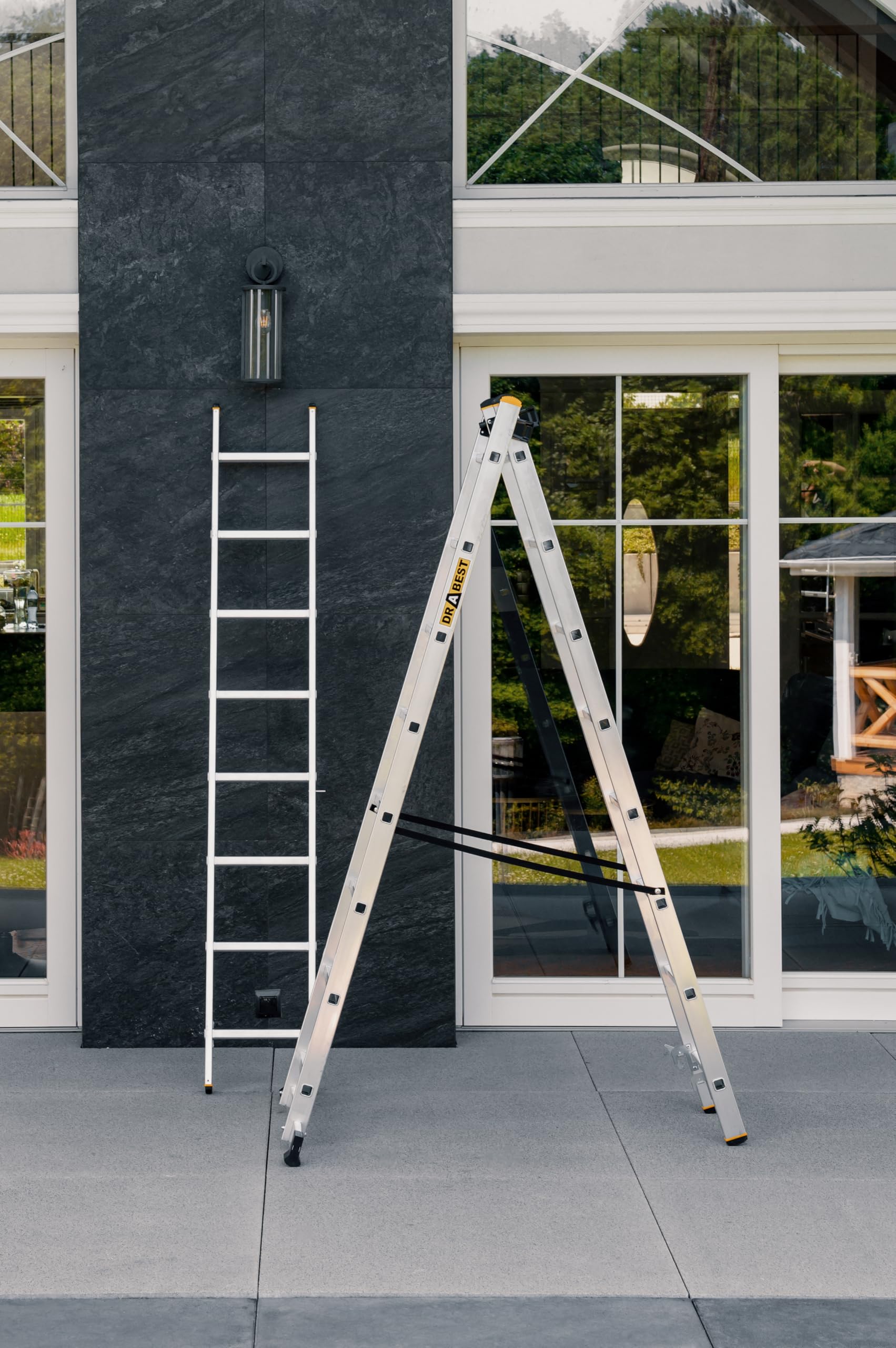 DRABEST PRO Sèries Multifunctionele ladder van aluminium, 3 x 12, trapladder met drie delen, tot 150 kg, werkhoogte 8,09 m, vouwladder, inclusief emmerhaak