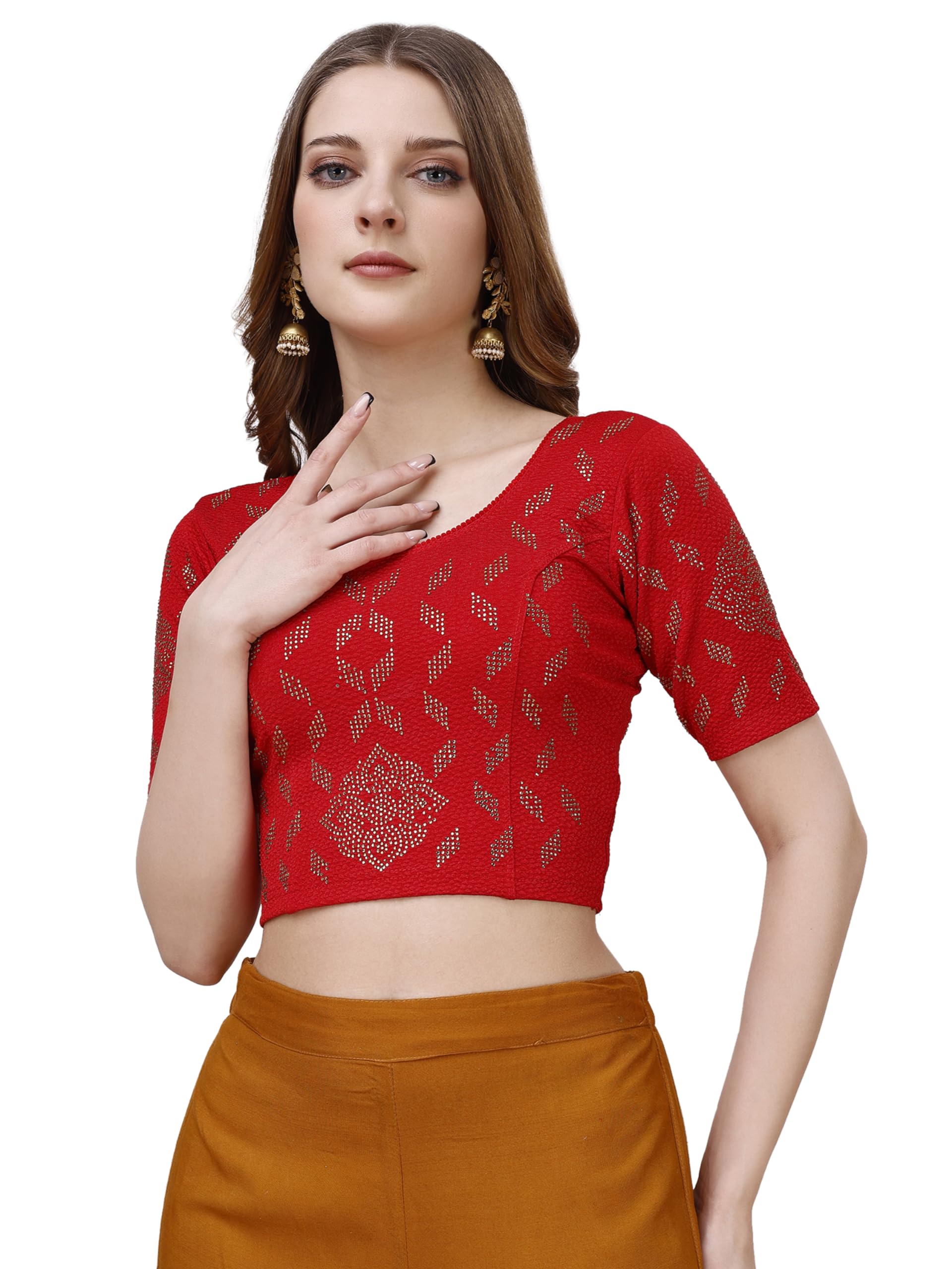Pujia Mills Women's Readymade Hosiery Lycra Stretchable Round Neck Half Sleeve Blouse With Swaroski Work Fancy Lycra Stretchable Red Blouse For Women Readymade Saree Blouse