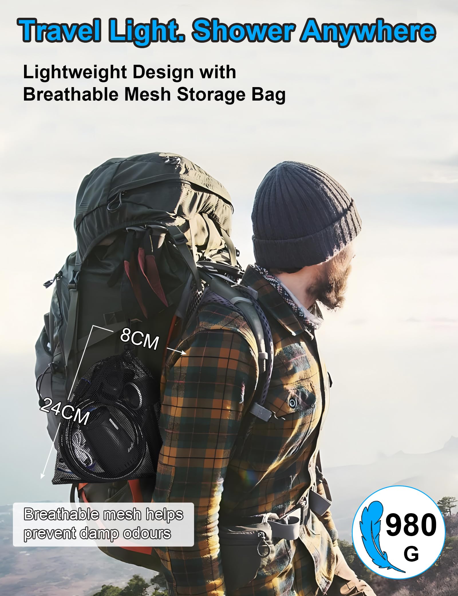 LIBERRWAY Camping Douche Portable Douches de Randonnée Voyage avec 3-Ans de Garantie pour la Batterie Rechargeable, Pommeau Douche Tuyau Pompe Douchette