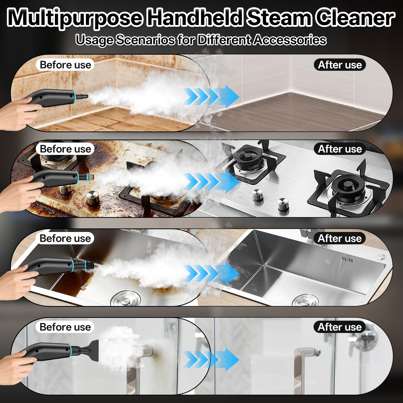 Steam Cleaner for Home,High Pressure Steamer for Cleaning,1250ML Water Tank 15s Heat-Up,6 Level Adjustable,Handheld Steam Cleaner for Floor,Car,Couch,Furniture,Kitchen — view 3