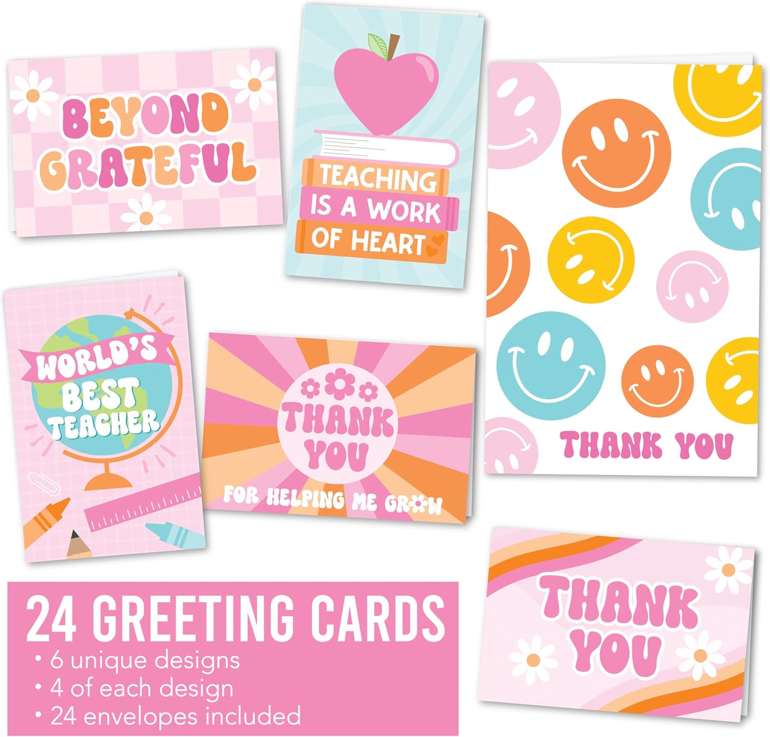 Hadley Designs Teacher Thank You Cards with Envelopes -24 Teacher Appreciation Cards Bulk, Cute Thank You Notes from Students, Teacher's Day End of School Year Christmas & Valentines Card for Teachers - Image 3