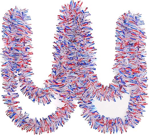 KIMOBER 32.8 Ft 4th of July Tinsel Garland, Red White Blue Metallic Garland for Independence Day Memorial Day Decoration