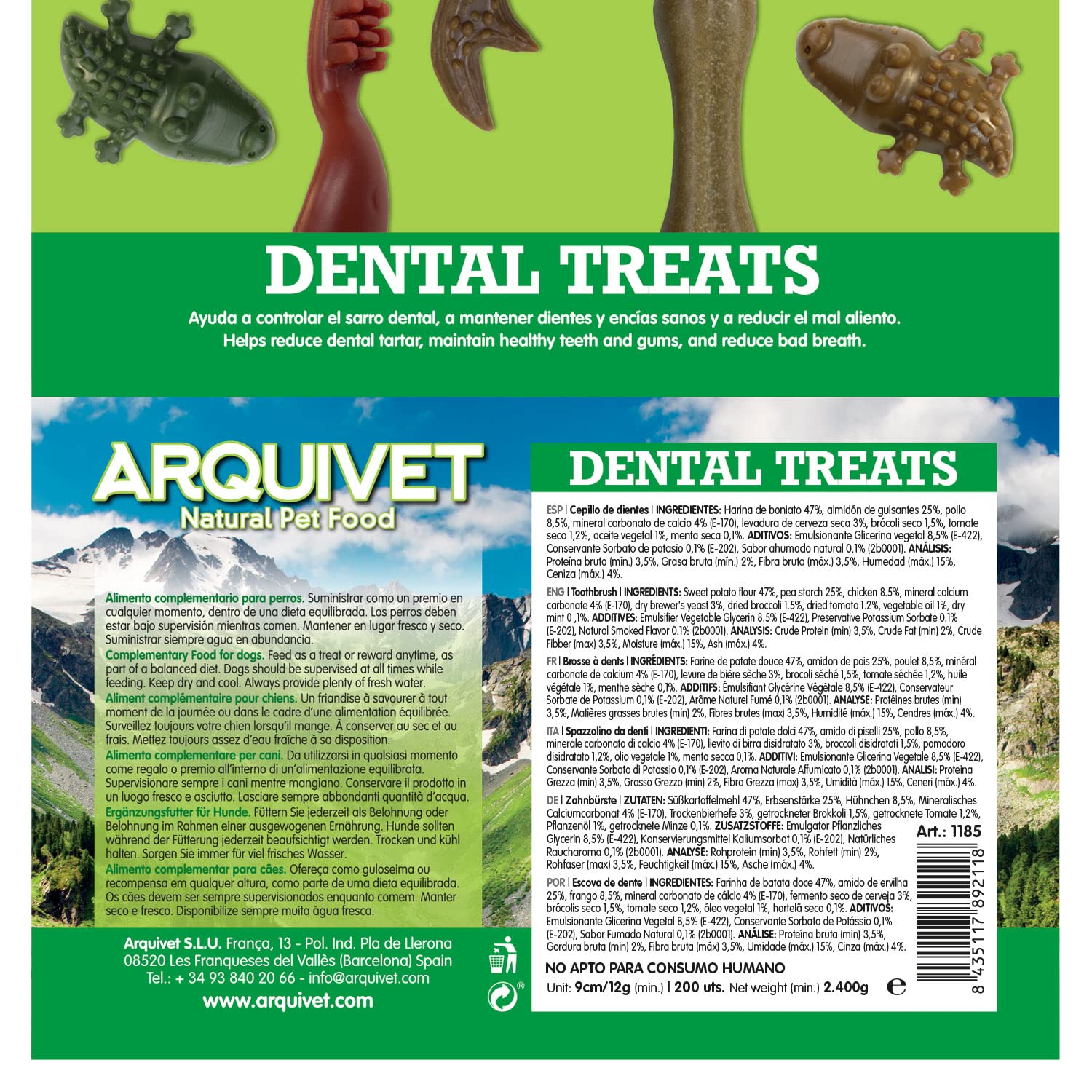 Arquivet Dental Treats - Przekąska dentystyczna dla psów w kształcie szczoteczki 9 cm / 12 g (Expo 200 sztuk) - Bez cukru, bezzbóż, bezglutenowa - Składniki roślinne - Kontrola kamienia nazębnego