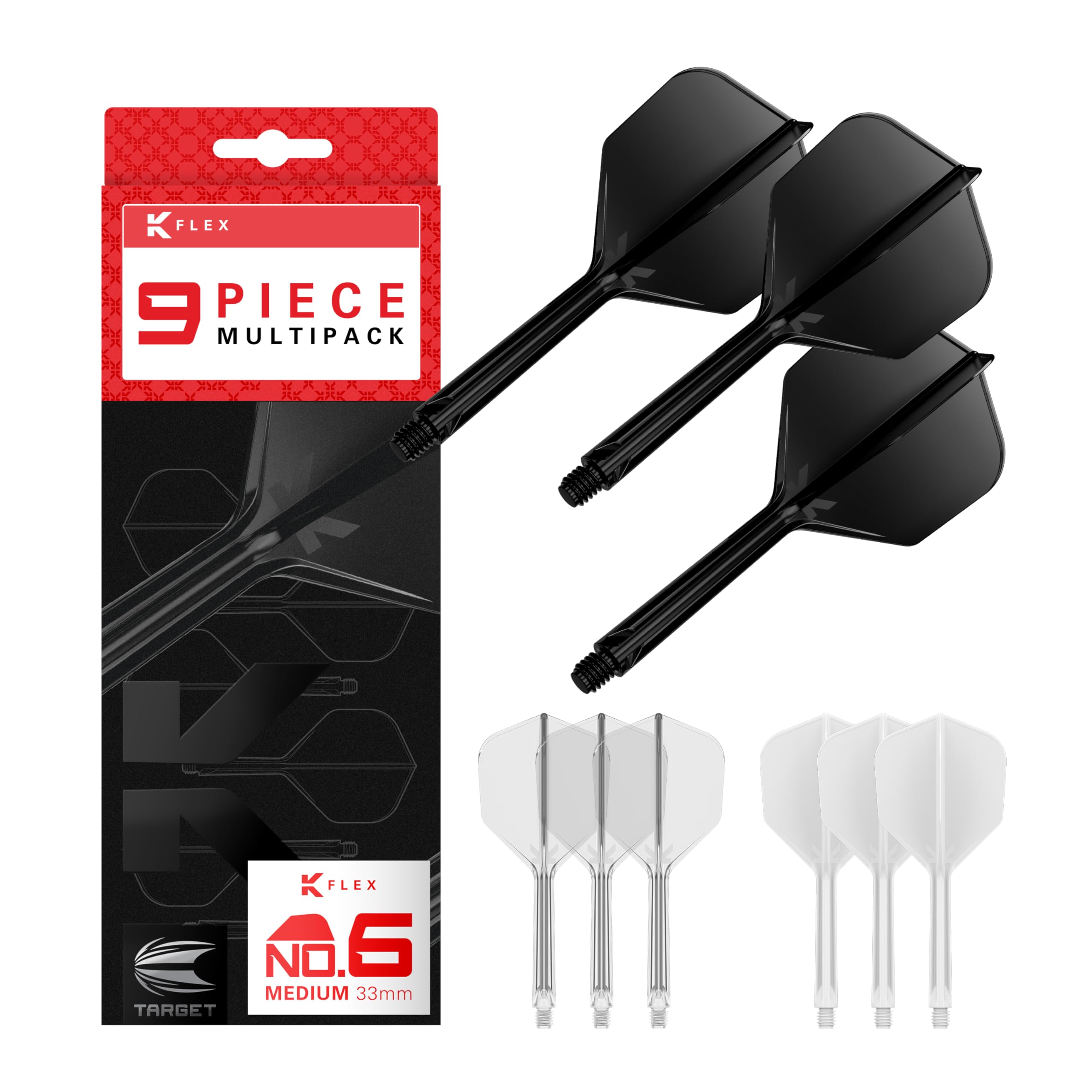 Target Darts K-Flex Integrated Dart Flights and Shafts, No.6, Kflex 9 Pack Bundle, K Flex 3 Colours | Black, White, Clear, Red, Green, Blue, Pink,