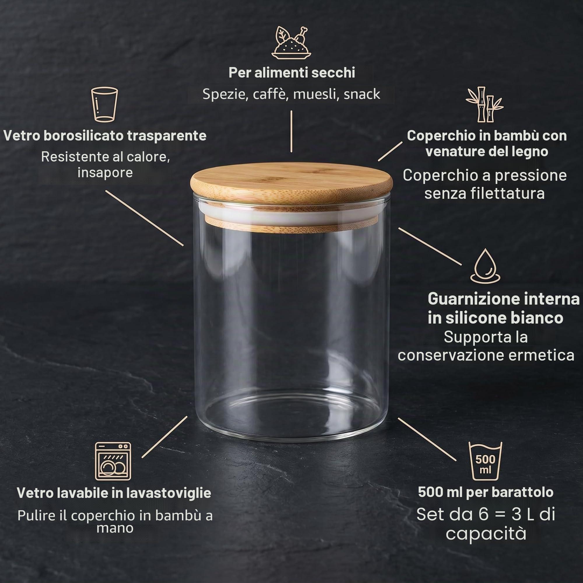 gouveo Set da 6 barattoli dispensa classici (0,50 l) con coperchio a pressione in bambù, vetro borosilicato rotondo cilindrico per alimenti secchi e organizzazione cucina (BGR500B)