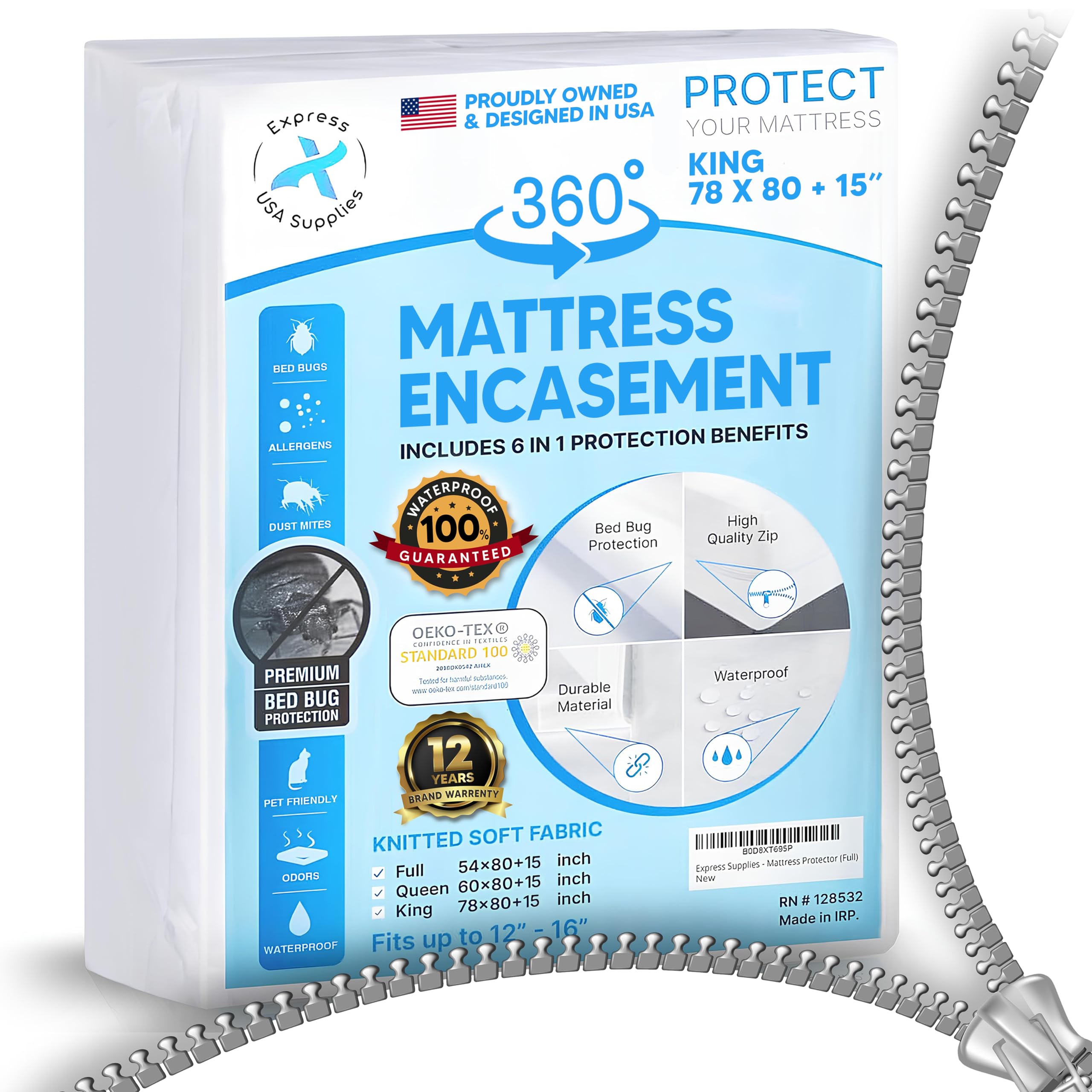 Mattress Encasement King (12-16) Inches Deep | Heavy Duty Hotel Grade 100% Waterproof, Breathable, Noiseless, Hypoallergenic 6-Sided 360° Premium Zippered Mattress Cover (Machine Washable)