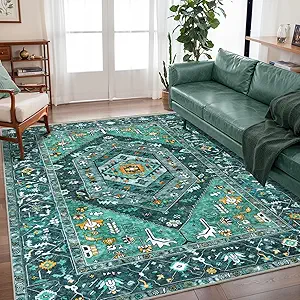 SERISSA Boho Area Rug 5x7 Teal, Washable Large Rugs for Living Room, Ultra Soft Non-Slip Bedroom Rug Print Distressed Vintage Tribal Farmhouse Carpet Rug for Dining Room Dorm Office Home Decor