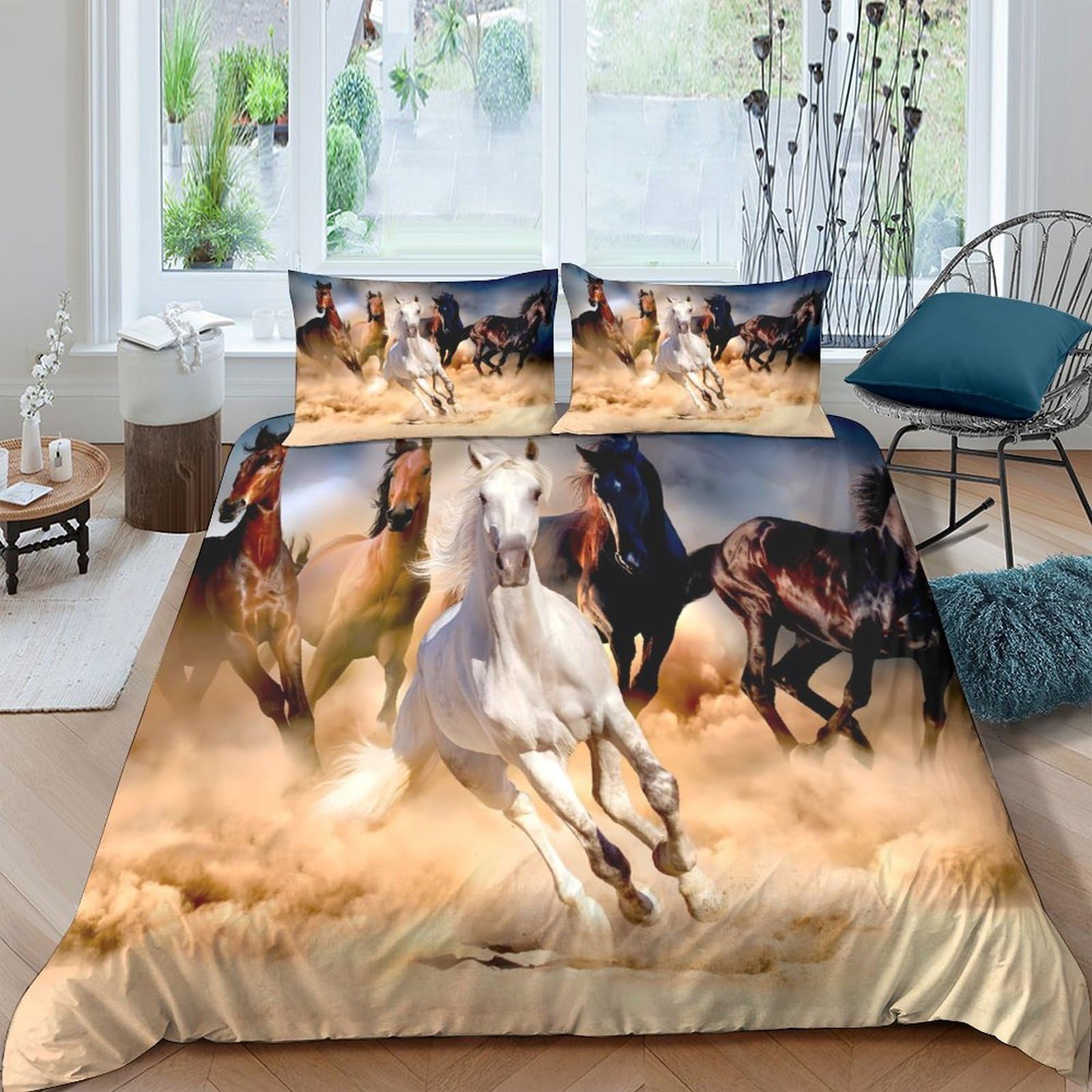 Ctjqhvkz Style-4 3D Printed Galloping Horse Fitted Sheet Microfiber Soft Breathable Wild Mustang Bed Cover For Bedroom Dorm Mattress Protection Decor Single（135X200cm）